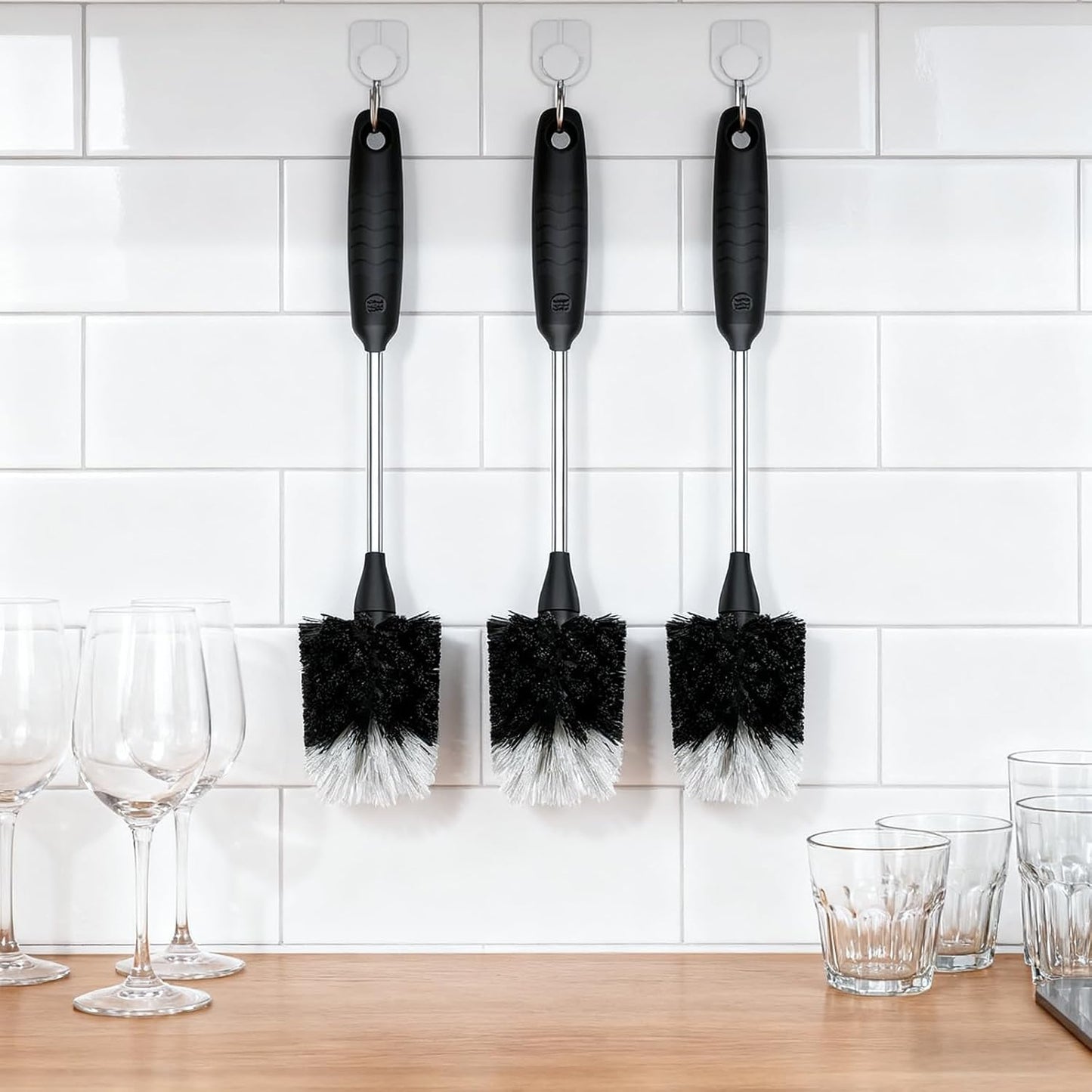 SetSail Bottle Brush of 3 Pack, 13-in Long Stainless Steel Handle Water Bottle Cleaner Brush Non-Slip Grip Bottle Brushes for Cleaning Water Bottles Sport Bottles Coffee Mugs Glasswares Cups, Black