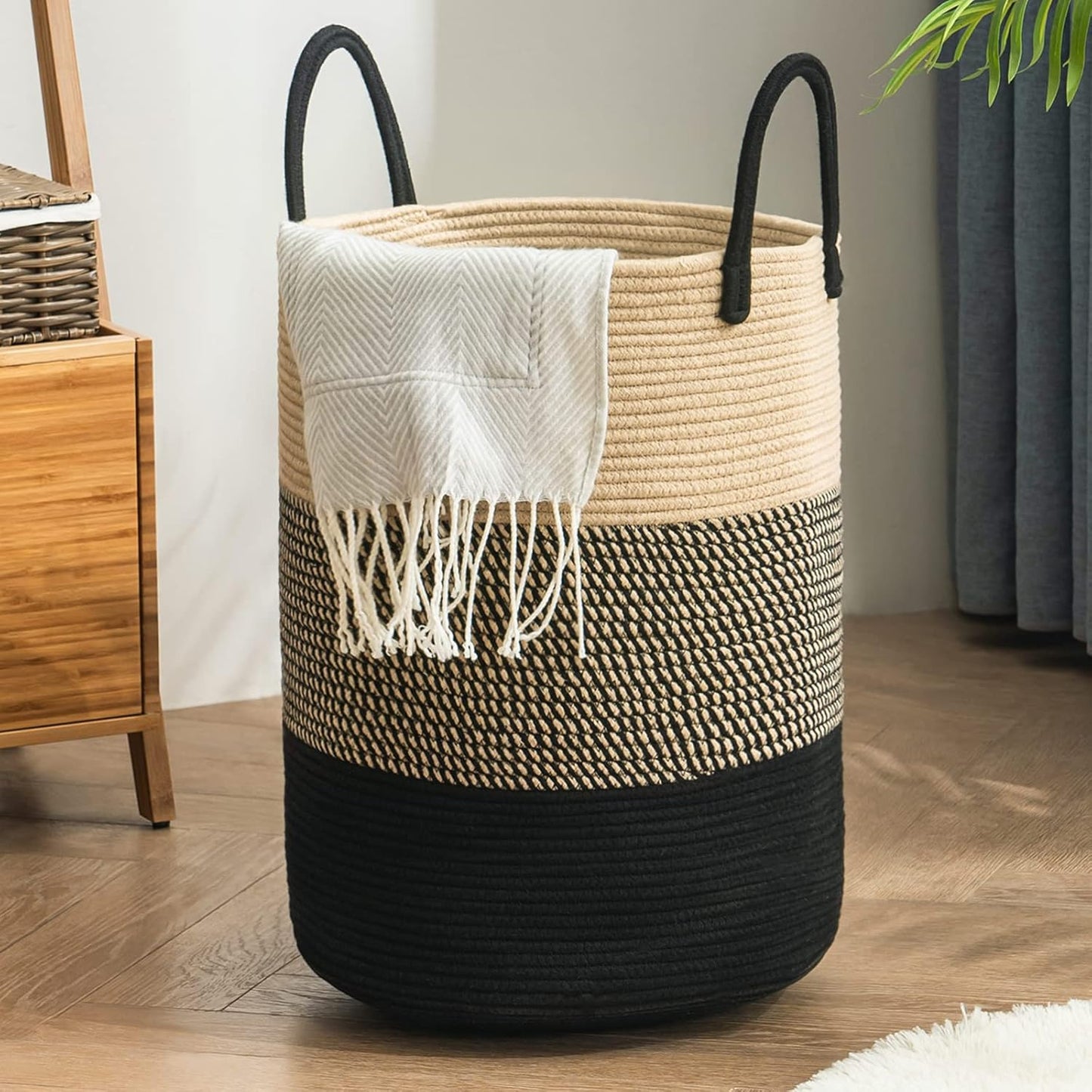 YOUDENOVA Woven Rope Laundry Hamper Basket, 72L Tall Luandry Basket, Baby Nursery Hamper for Blanket Storage, Clothes Hamper for Laundry in Bedroom-Large-Black & Brown