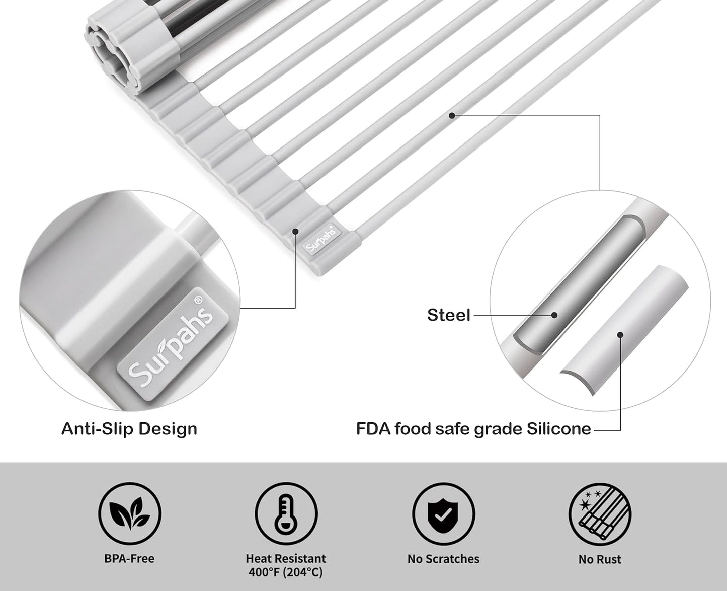 Surpahs Over Sink Foldable Multipurpose Roll-Up Dish Drying Rack, Silicone Wrapped Stainless Steel, Warm Gray, 20.5" x 13.1"