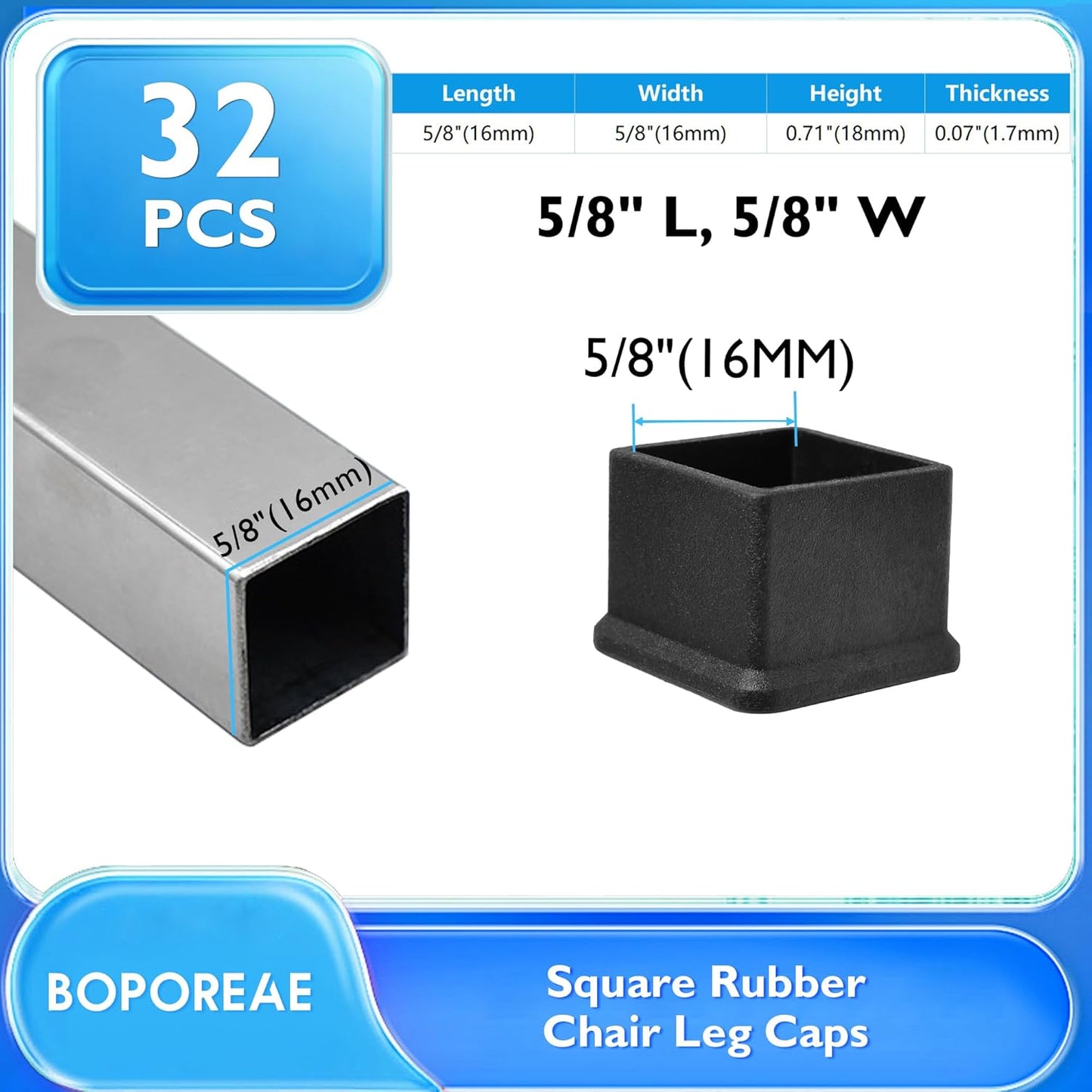 32 Pcs 5/8" x 5/8" Square Rubber Chair Leg Caps, PVC Table Leg Covers, Flexible & Anti-Slip Furniture Leg End Caps, Chair Leg Floor Protectors for Bar Stool Leg Patio Indoor, Black