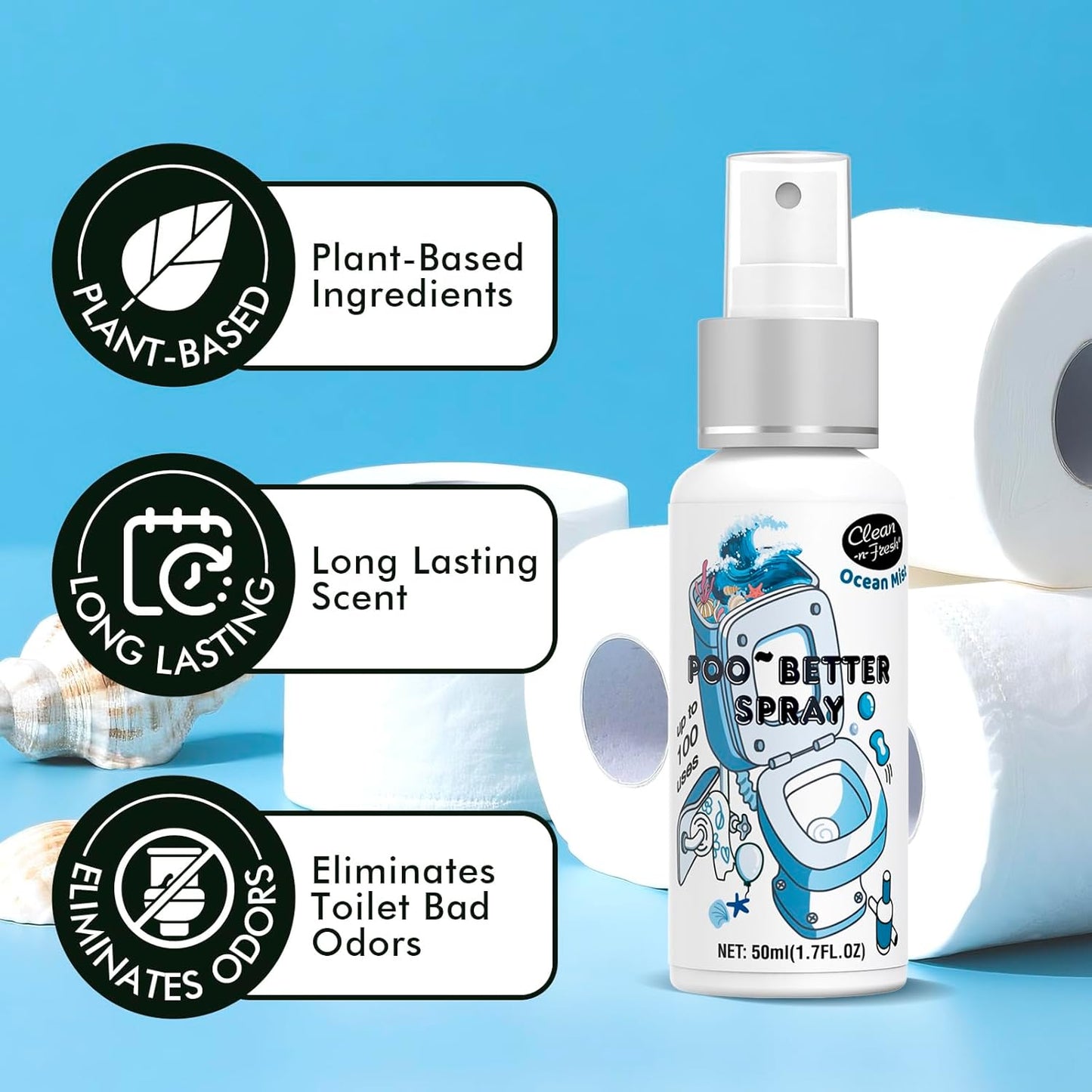 Clean-n-Fresh Toilet Spray, Variety 3 Pack - Ocean Mist/Eucalyptus/Beach Coco, Bathroom & Toilet Odor Elimination, Travel Size Toiletries, Total 5.1 Fl Oz
