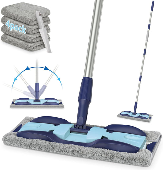 MEXERRIS Microfiber Floor Mop for Hardwood Laminate Tile Floor Cleaning: Stainless Steel Handle - 4 Reusable Flat Mop Refills and 1 Dirt Removal Scrubber Included - Dry Dust Mop Commercial Home Use