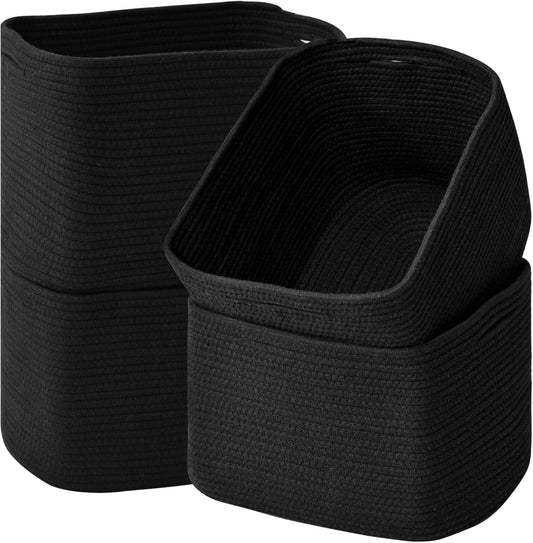 Storage Baskets for Organizing & Shelves, Woven Cotton Rope Organization Bins for Dog Toys, Clothes, Books, Nursery Organizer, 15" Lx11''Wx9.5''H, (4 Packs) Black