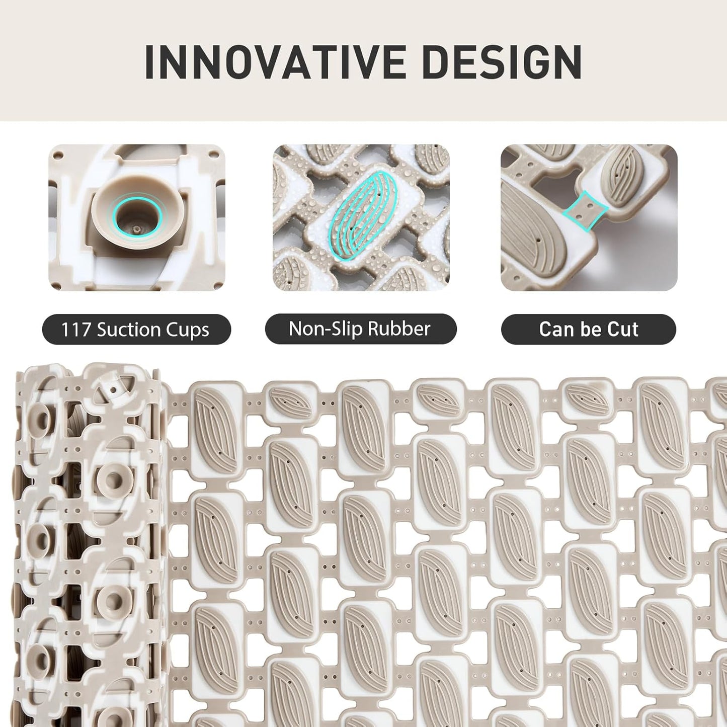 Shower Mat Non Slip Bathtub Mat, 27 x 16 Inch Eco-Friendly Soft Bath Mat for Tub Non Slip Shower Mats for Inside Shower with Suction Cups and Drain Holes, Easy to Clean Quick-Drying, Brown