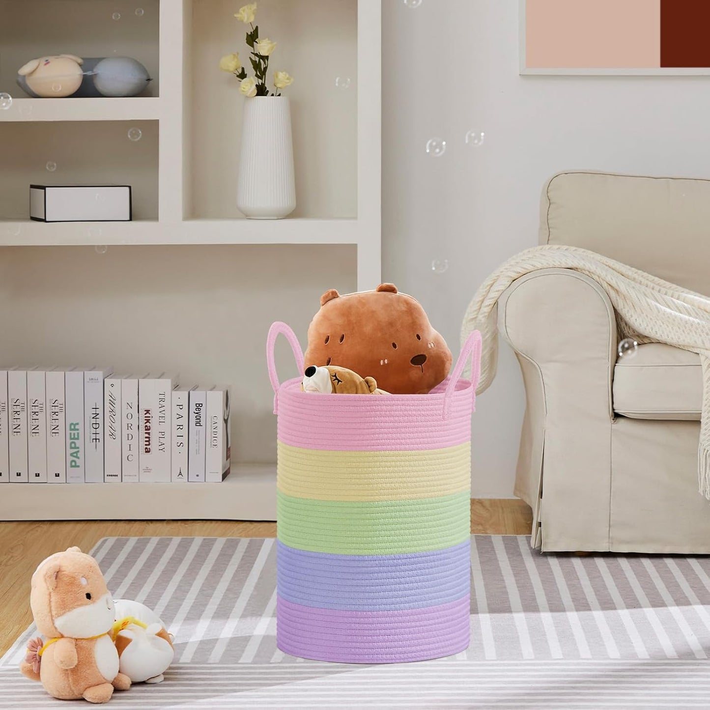 VIPOSCO Large Laundry Hamper, Tall Woven Rope Storage Basket for Blanket, Toys, Dirty Clothes in Living Room, Bathroom, Bedroom - 58L Rainbow