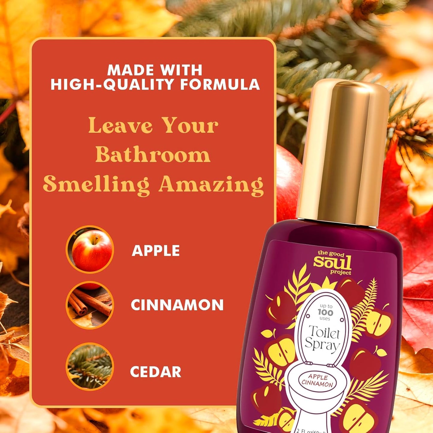 Toilet Spray, Travel Essentials, Apple Cinnamon, 4 Fl.Oz, Up to 200 Uses, Bathroom Odor Eliminator, Air Fresheners for Home and Work