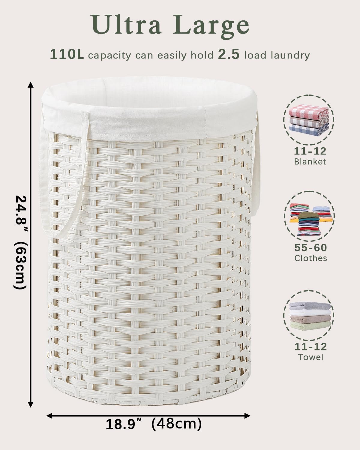 Laundry Basket Round Rattan Laundry Hamper 29.1 Gal (110 L) Handwoven Large Wicker Basket with Handles, Wicker Hamper with Removable Bags and 2 Mesh Bags for Bathroom Living Room White