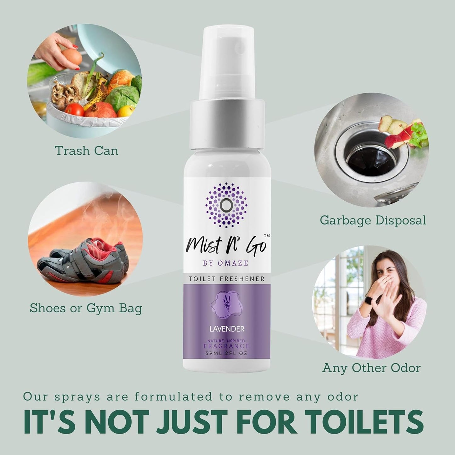 Mist N’ Go by Omaze Travel Bathroom Spray for Toilet Spray Odor Eliminator - Travel Toilet Spray for Bathroom Air Freshener Spray for Bathroom Deodorizer - Lavender Regular Size (2oz x5)