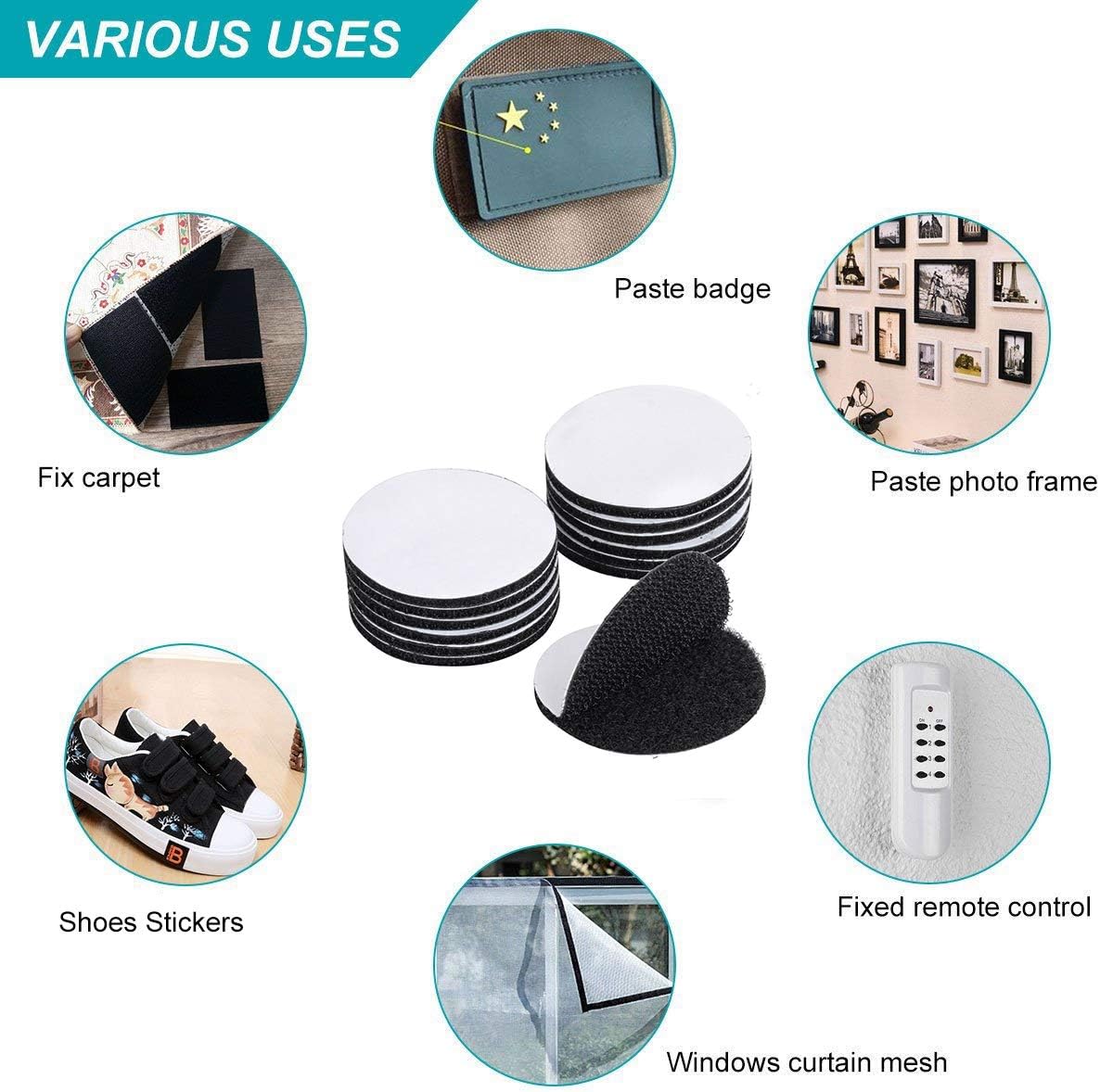 BRAVESHINE Adhesive Tape - 16PCS Hook and Loop Fasteners - Double Sided Adhesive Pads - Rug Carpet Gripper Mounting Tape for Wall Decorations or Tools Hanging - Round 2 inch