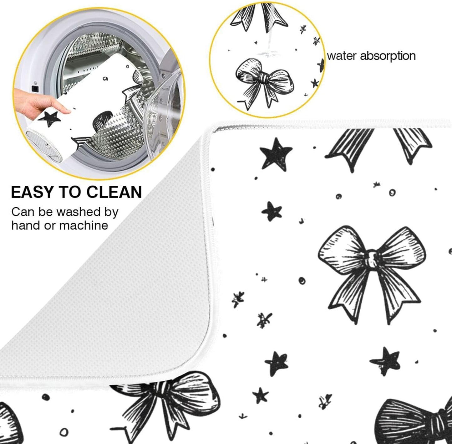 Black White Bowknot Dish Drying Mat for Kitchen Countertop 16x18 Rectangle Bow Small Drying Mat Reusable Quick Dry Dish Sink Absorbent Mats Dishwasher Easy Clean Decorative Home Decor Essentials