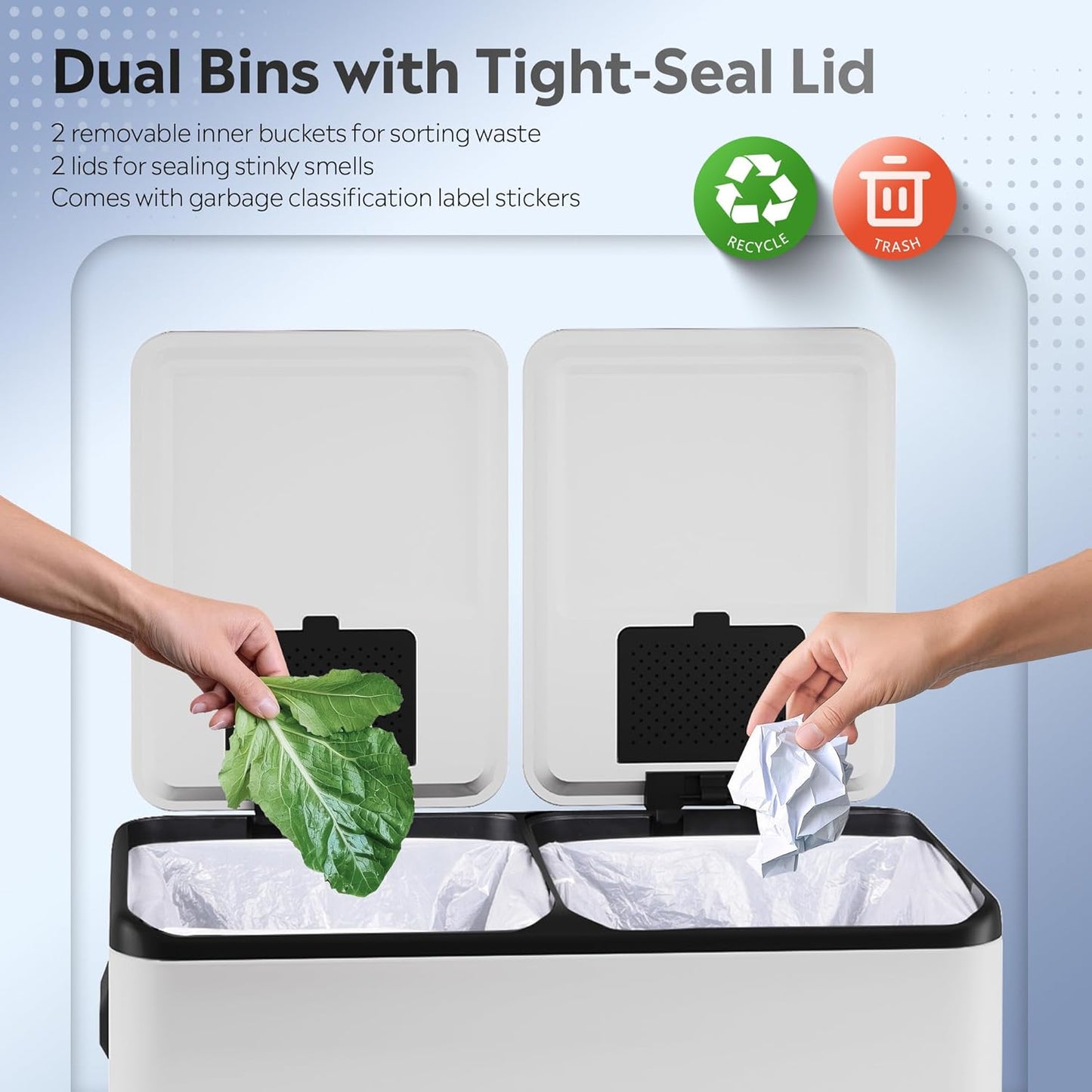 WLIVE Dual Trash Can, 2 x 8 Gallon (2 x 30 L), Step Trash Can with Lid with Inner Buckets, 2 Compartment, Heavy-Duty Stainless Steel Gabage Can for Kitchen with 15 Trash Bags, White