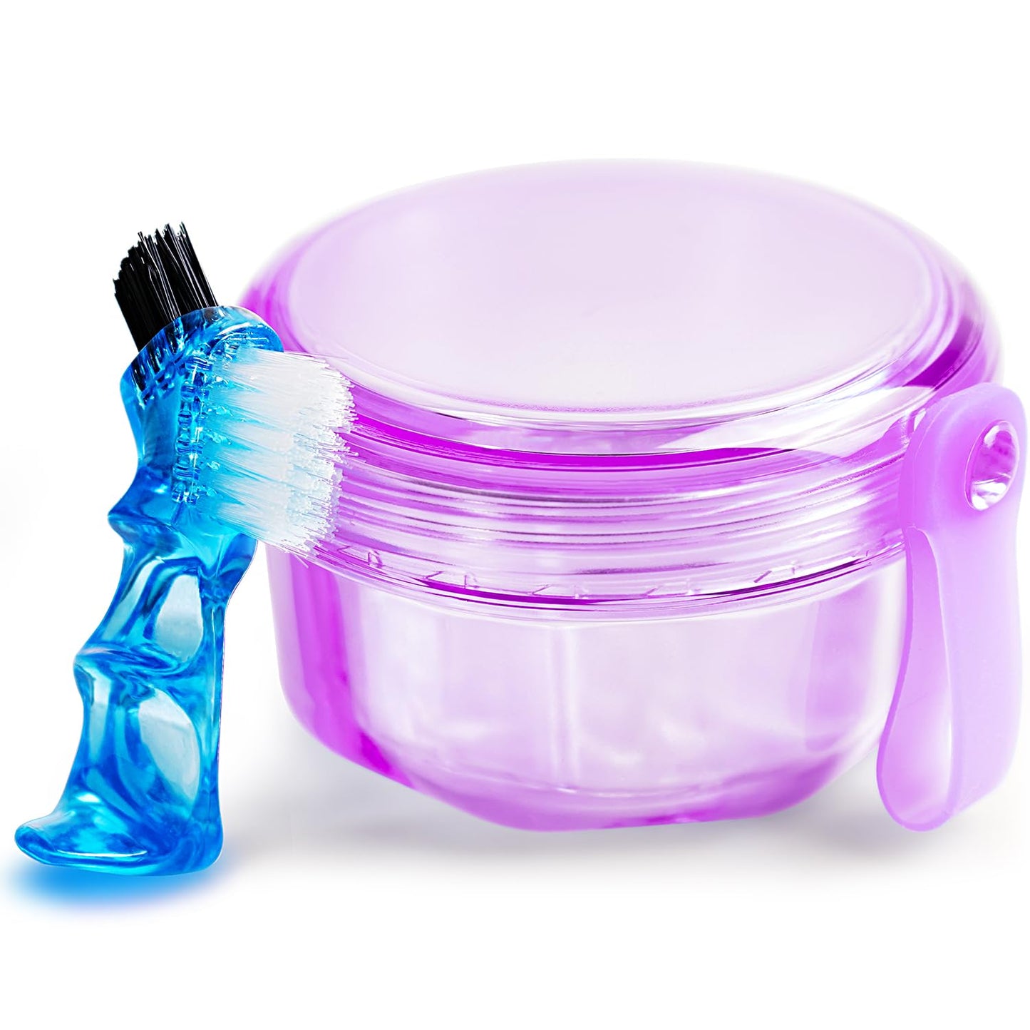 Leak Proof Purple Denture Cups for Soaking Dentures, Partial Denture Bath Case Travel Retainer Cleaning Container Case with Brush for Aligner, Denture, Mouth Guard