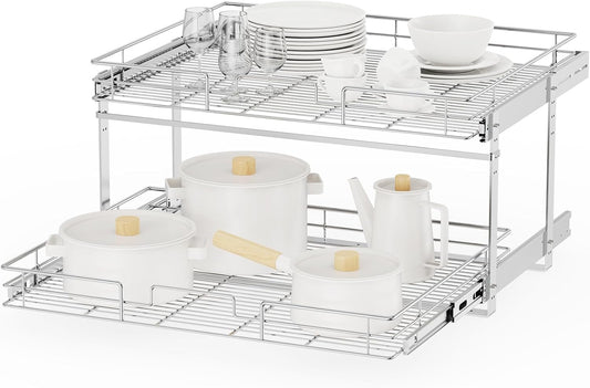 ROOMTEC Individual Pull Out Cabinet Organizer (30" W x 21½" D), 2 Tier Spice Rack Organizer for Cabinet, Slide Out Drawer Pantry Shelf Organization and Storage for Kitchen Bathroom