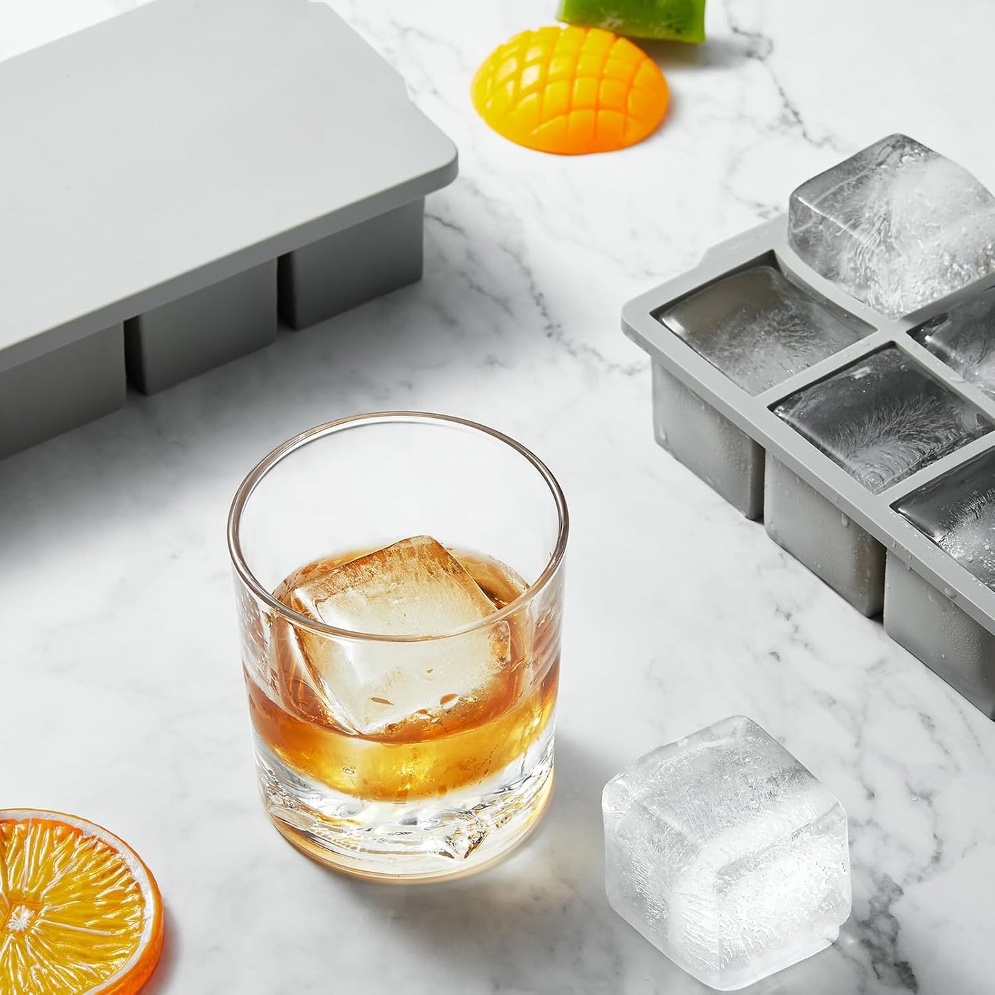 Nax Caki Large Ice Cube Tray with Lid Pack of 2, Stackable Big Silicone Square Ice Cube Mold for Whiskey Cocktails Bourbon Soups Frozen Treats, BPA Free