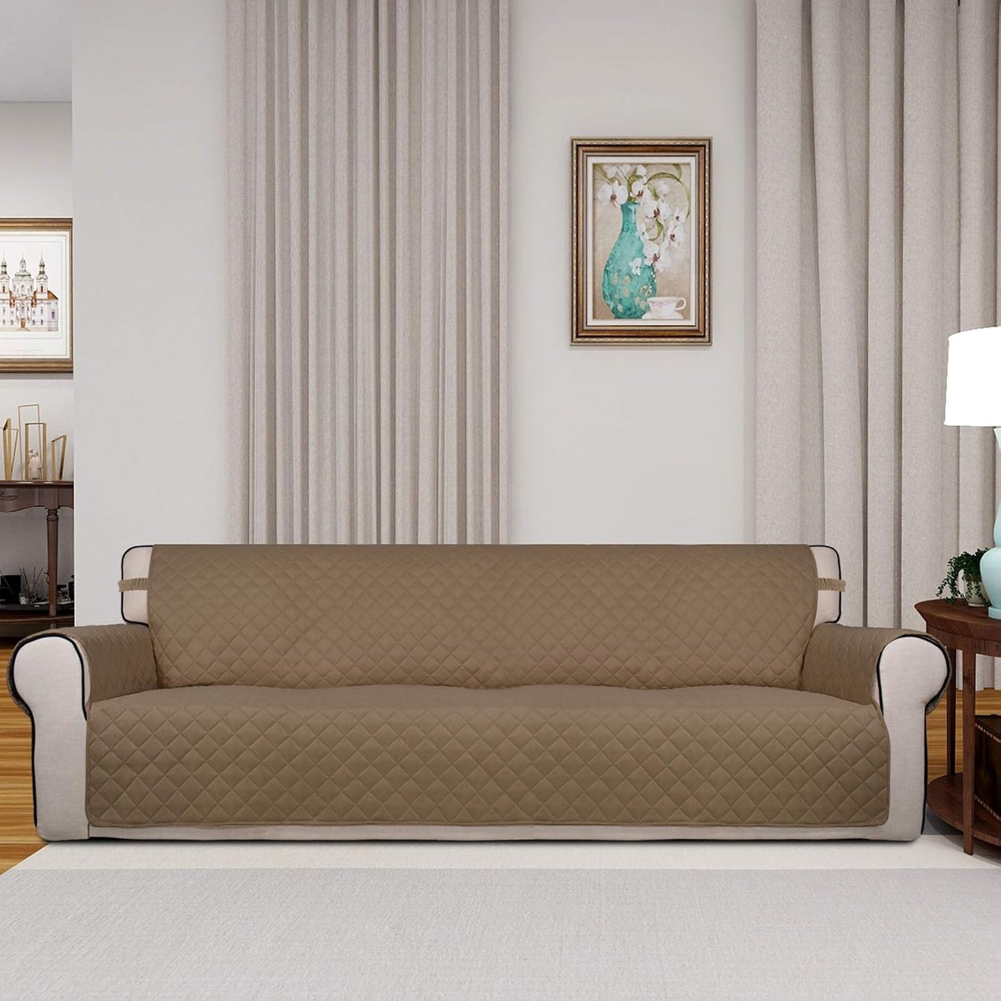 PureFit Reversible Quilted Sofa Cover, Water Resistant Slipcover Furniture Protector, Washable Couch Cover with Non Slip and Elastic Straps for Kids, Dogs, Pets (XX Large, Camel/Ivory)