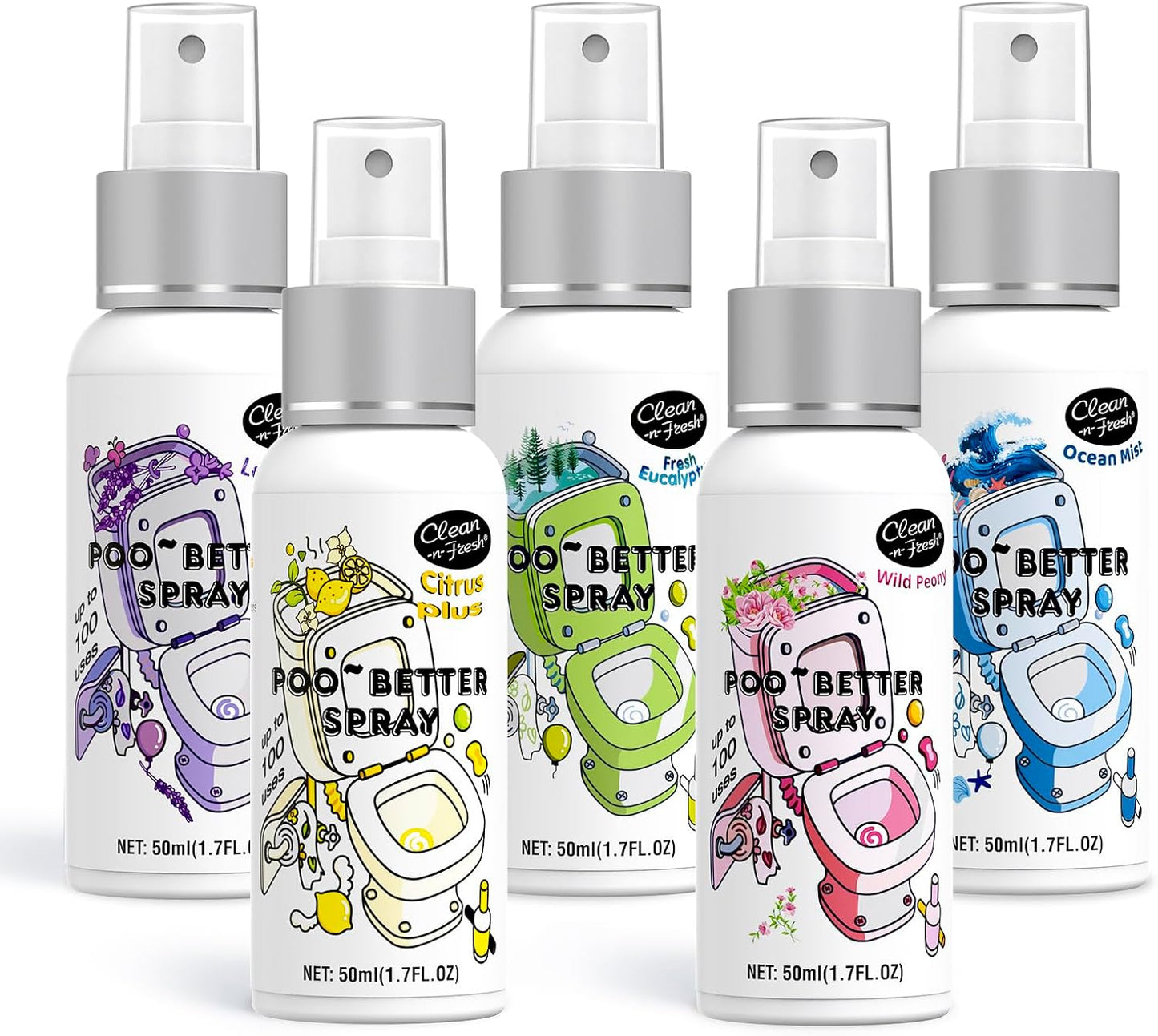 Clean-n-Fresh Toilet Spray 8.5 Fl Oz, Travel Size Variety 5 Pack - Citrus, Peony, Lavender, Eucalyptus, Ocean Mist, Instantly Eliminate Bathroom Odor, Air & Toilet Freshener, Each 1.7 Fl Oz