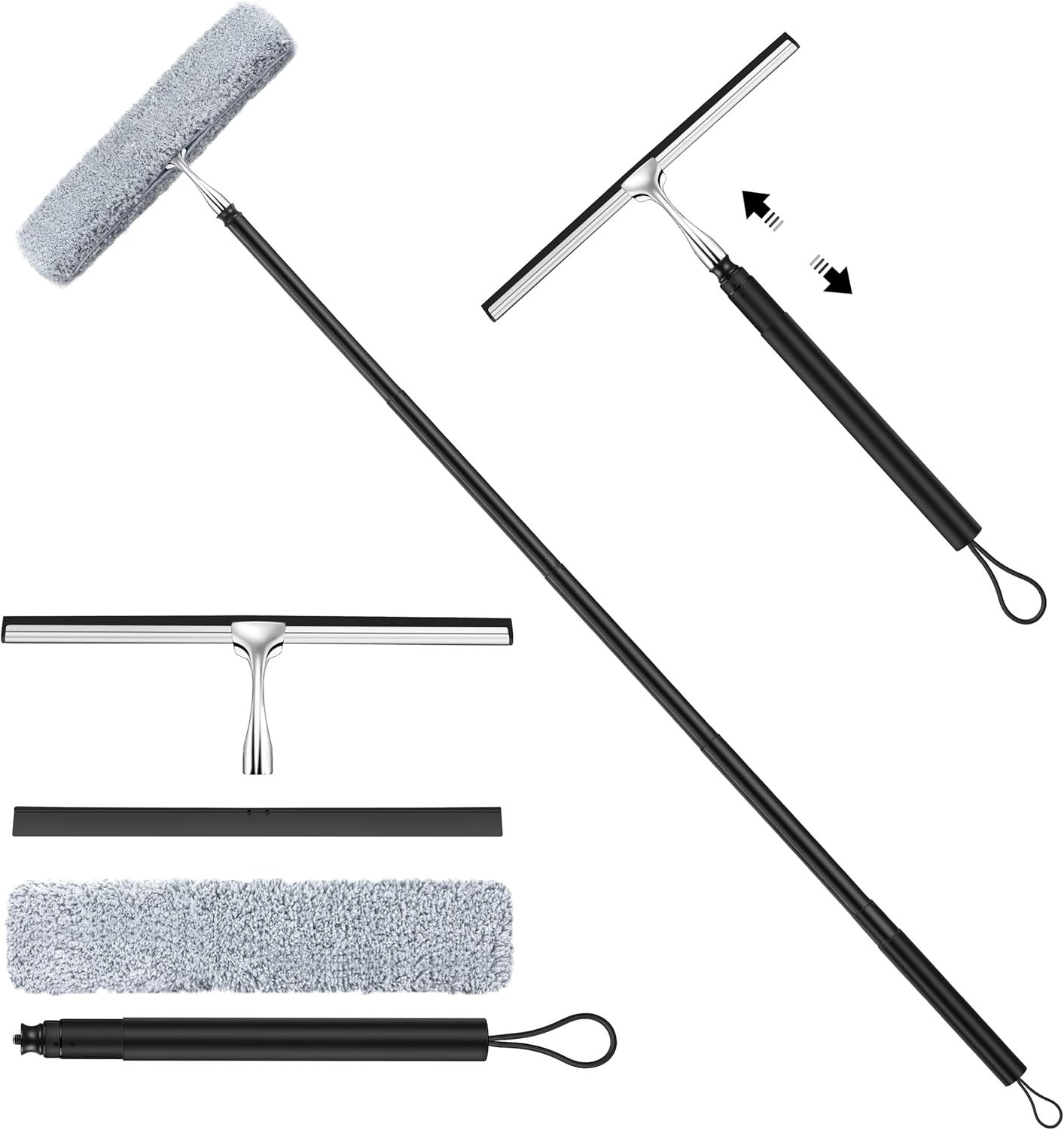 Window Squeegee for Home, 2 in 1 Window Washing kit with Extension Pole Long Handle Squeegee for Shower Glass Floor Tile Wall Car Windshield, 12 inch Wide, Black