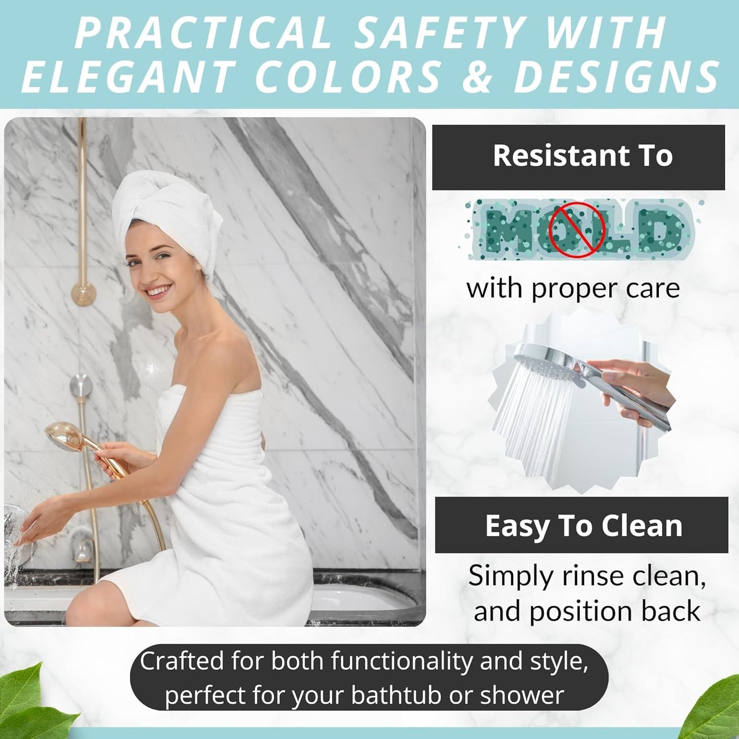 ENKOSI Bath Mat – Large 40 x 16 Inch Non-Slip Bathtub Mat with Suction Cups & Drain Holes – Extra Long Shower Mat for Tub with Marble Print Design (Grey Marble 40x16)