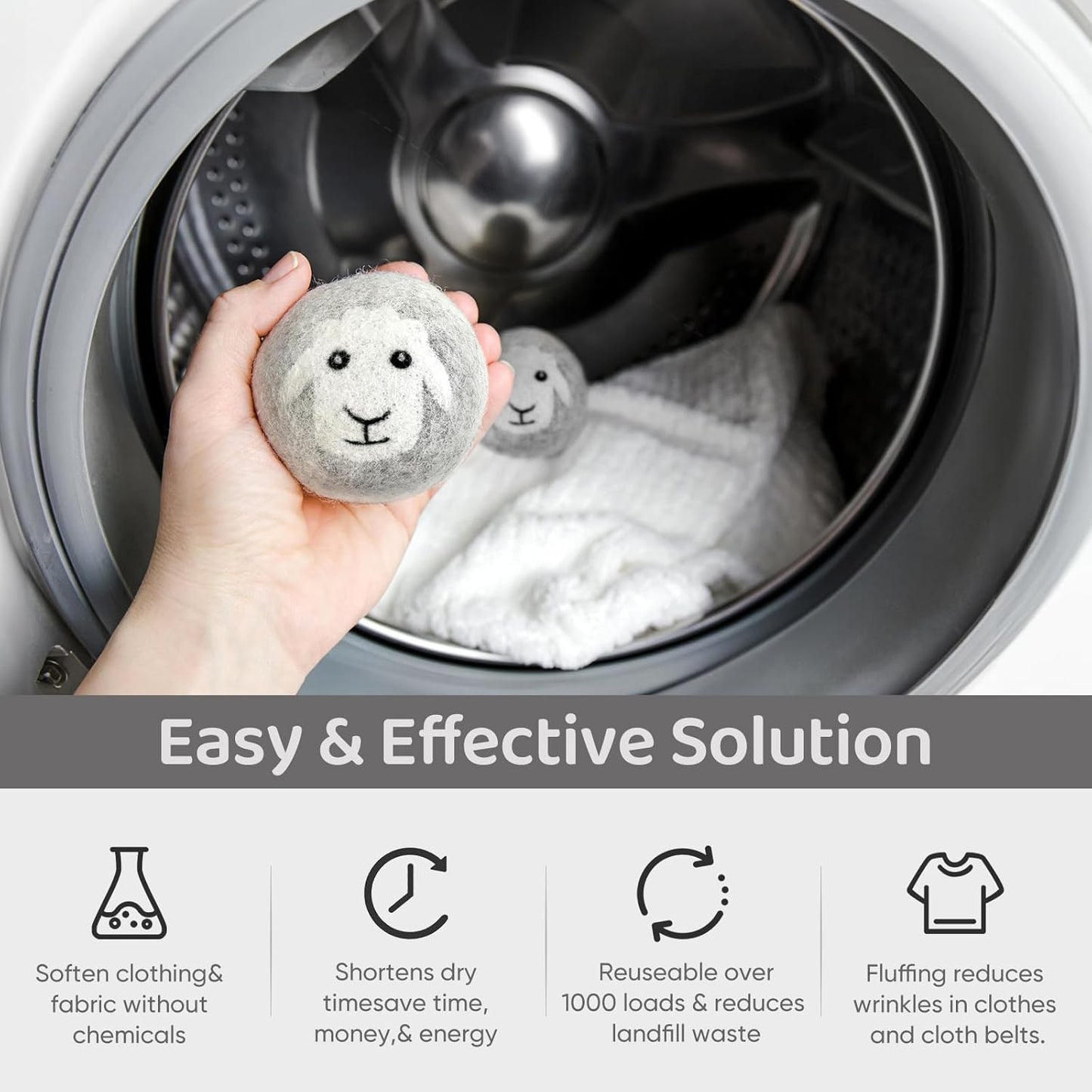 Wool Dryer Balls 6 Pack, Natural Fabric Softener, Dryer Balls Laundry Reusable, Reduces Clothing Wrinkles and Saves Drying Time (Gray)