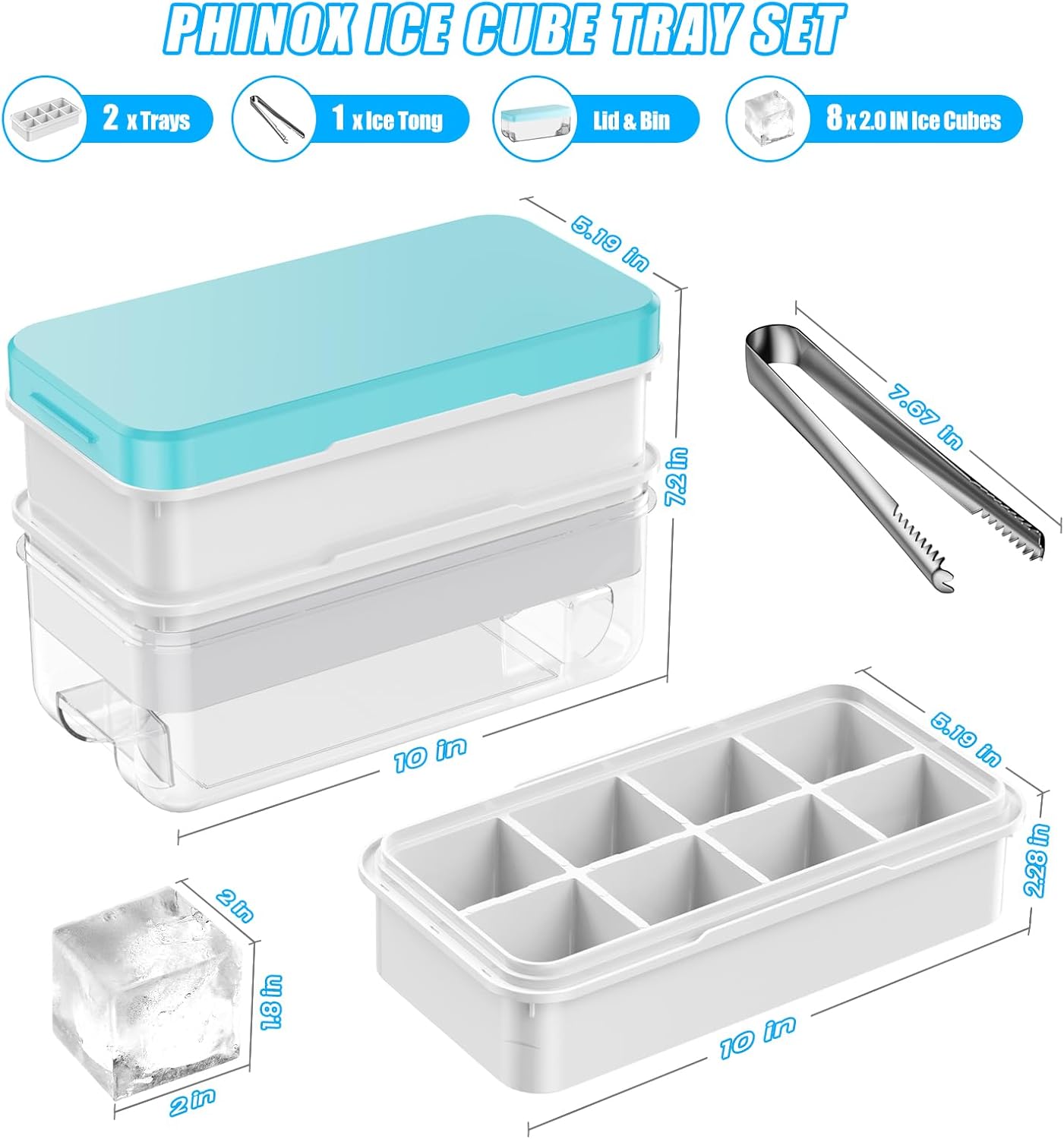 PHINOX Large Ice Cube Tray with Lid and Bin, Ice Trays for Freezer, 2 INCH Whiskey Ice Cubes Mold, 2*8 pcs Square Ice Cube Mold with Tong, Easy to Release, Large Ice Tray for Whiskey Cocktail Bourbon