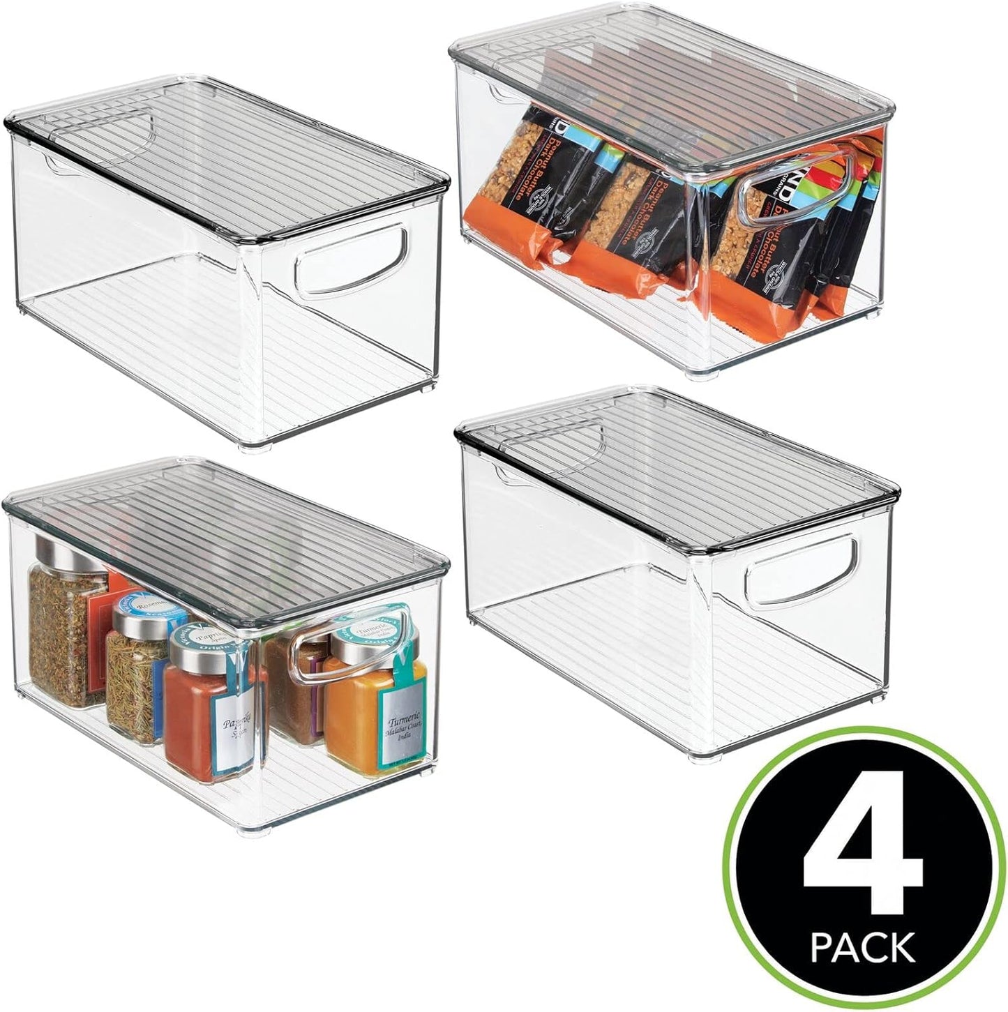 mDesign Plastic Deep Storage Bin Box Container with Lid and Built-In Handles - Organization for Fruit, Snacks, or Food in Kitchen Pantry, Cabinet, Cupboard, Ligne Collection, 4 Pack, Clear/Smoke Gray