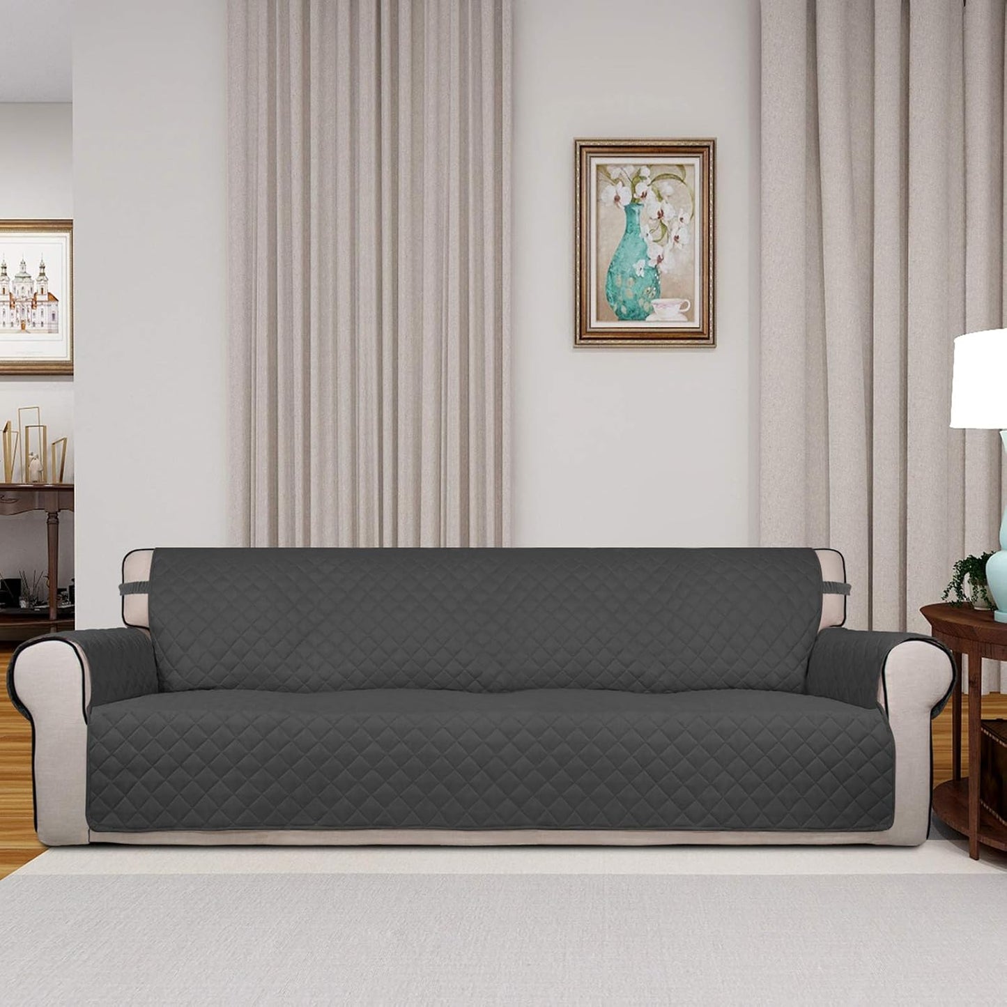 PureFit Reversible Quilted Sofa Cover, Water Resistant Slipcover Furniture Protector, Washable Couch Cover with Non Slip and Elastic Straps for Kids, Dogs, Pets (XX Large, Dark Gray/Beige)