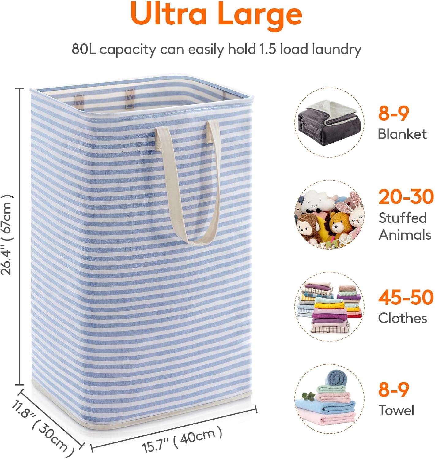 Lifewit Laundry Hamper Large Collapsible Laundry Basket, Freestanding Waterproof Clothes Hamper Storage with Easy Carry Handles for Clothes in Bedroom Bathroom College Dorm for Adults, Blue, 80L