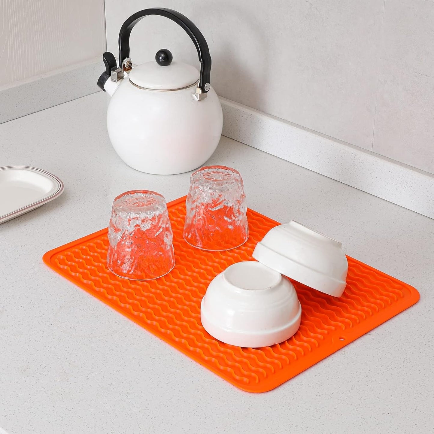 Silicone Dish Drying Mat for Multiple Usage,Easy clean,Eco-friendly,Heat-resistant Silicone Mat for Kitchen Counter or Sink,Refrigerator or drawer liner Orange L 16 inches x 12 inches