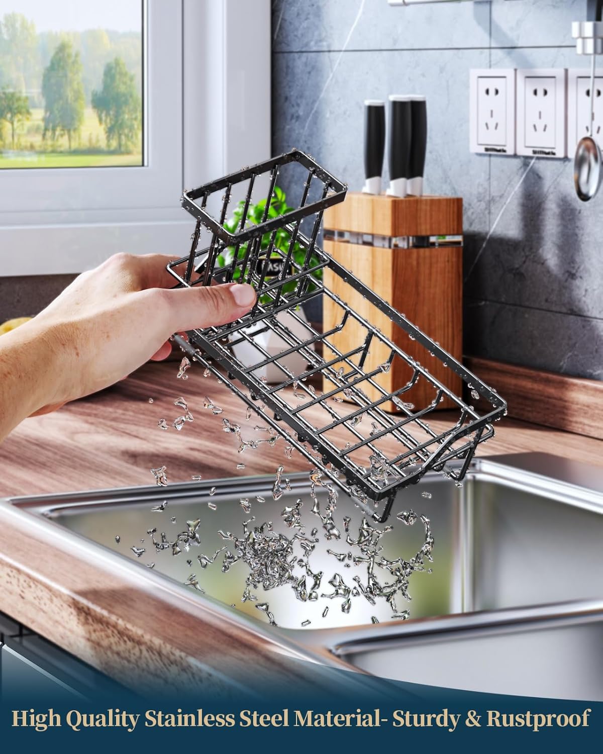 Consumest Sink Caddy, Kitchen Sponge Holder with Dish Brush Holder, Kitchen Sink Organizer with Drip Tray for Countertop Stainless Steel Rustproof, Black-Large