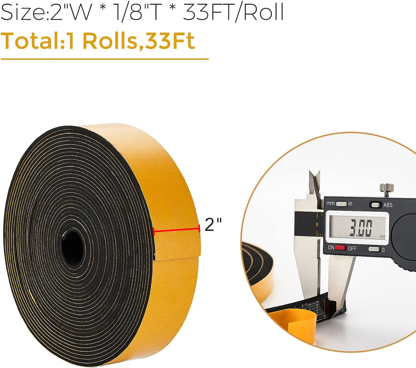 33 Feet Weather Stripping Door Seal, 2" Wide X 1/8" Thick Door Seal Strip High Density Foam Tape Adhesive Strip for Door Soundproofing,Window Insulation (2" x 1/8" x 33FT,Black)