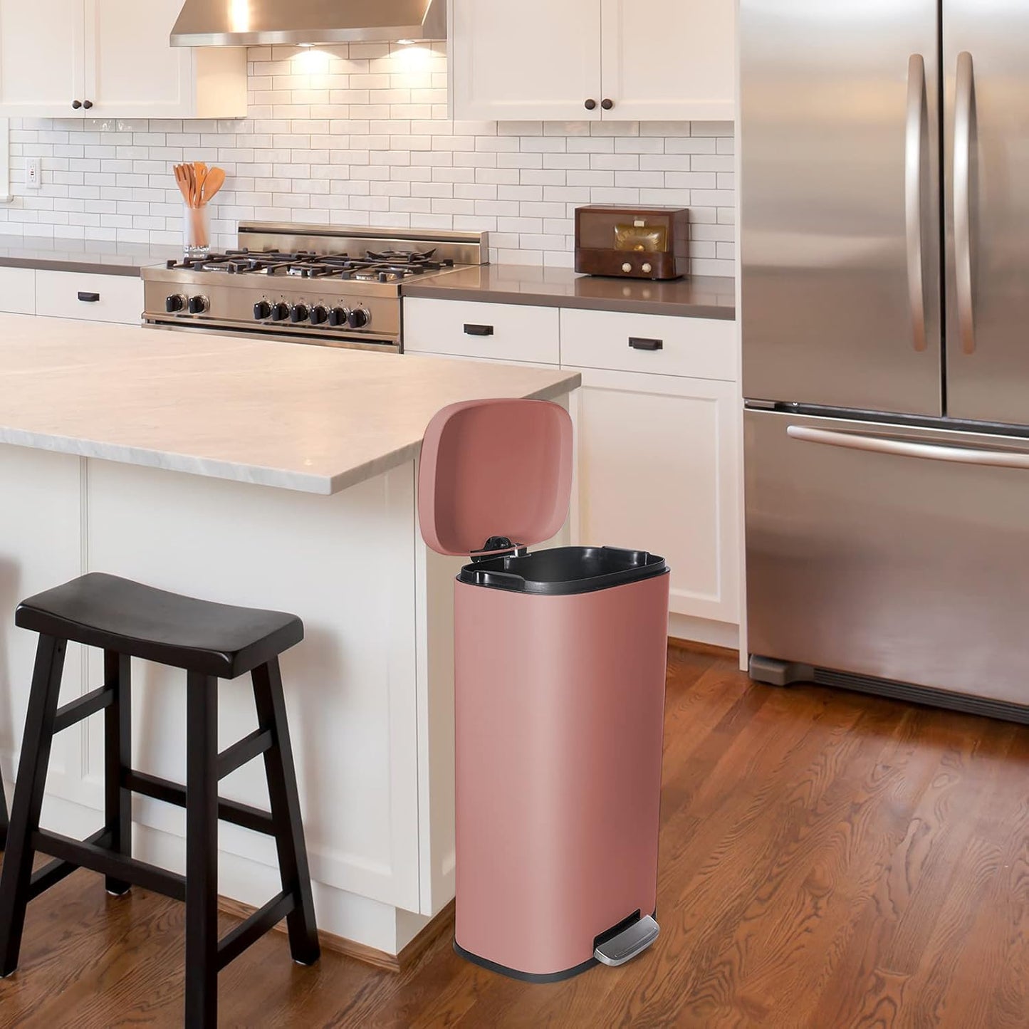 AthLike Trash Can, Stainless Steel Kitchen Garbage Can, Step Waste Bin with Hinged Lid and Removable Inner Bucket, Soft-Close, Dustbin for Bathroom Bedroom Living Room Home (Pink, 8 Gal)