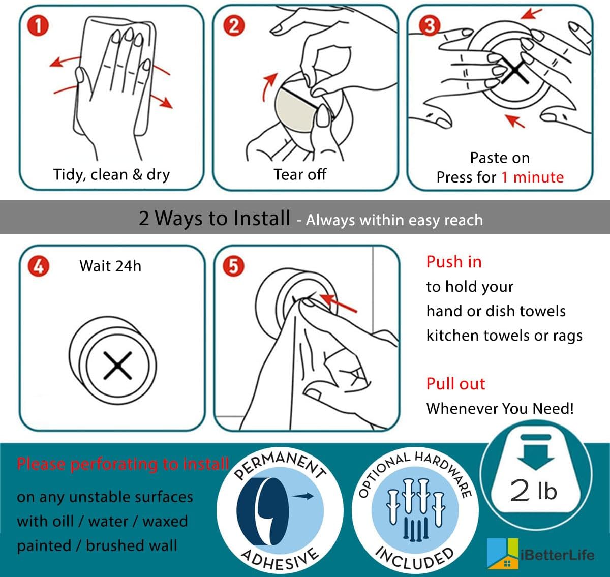 iBetterLife Adhesive Kitchen Towel Hooks - 4 Pack Dish Towel Holder for Cabinet, Push Hand Towel Hook, Dish Cloth Rag Holder for Home Bathrooms, Kitchens, Garages, RV, Within Easy Reach, Matte Black