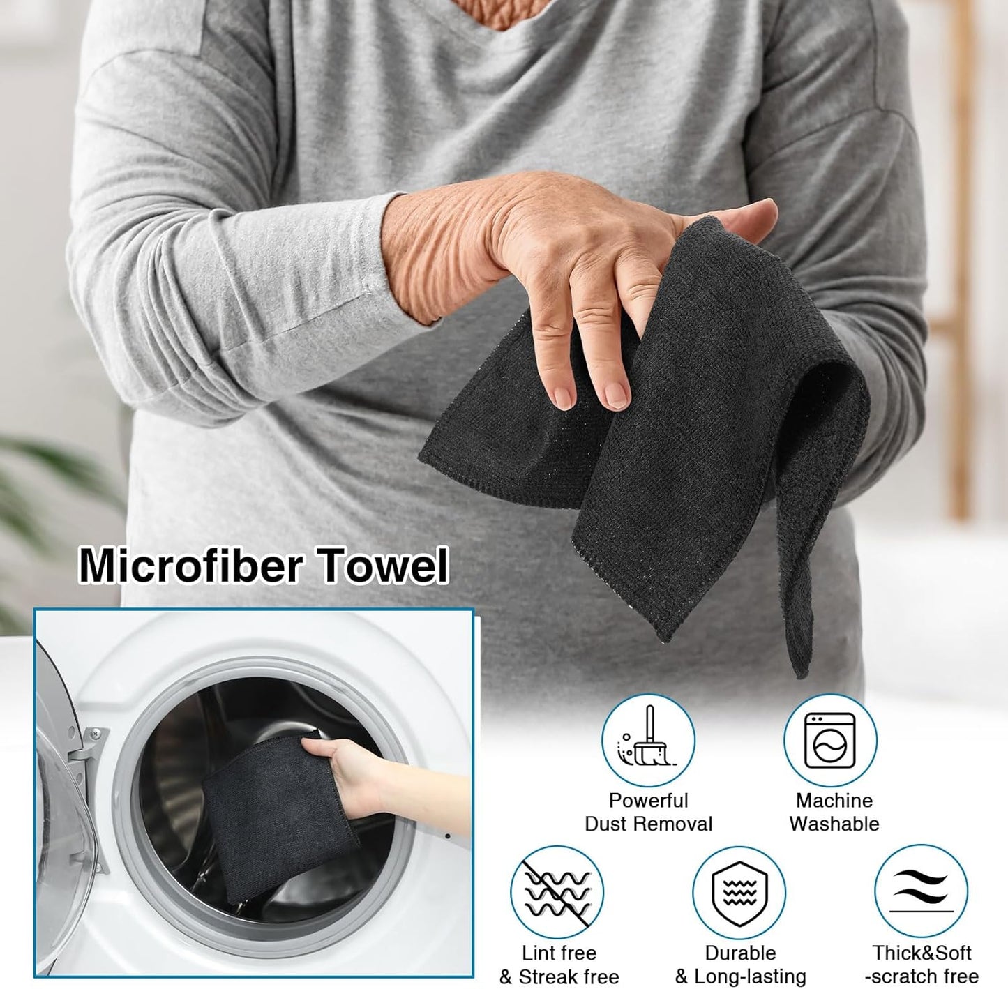 200 Pieces Microfiber Cleaning Cloths Bulk Absorbent Microfiber Towels Reusable Lint-Free Streak Free Wash Rags for House Kitchen Office Restaurants Bar Shop Car, 12 x 12 Inches (Black)