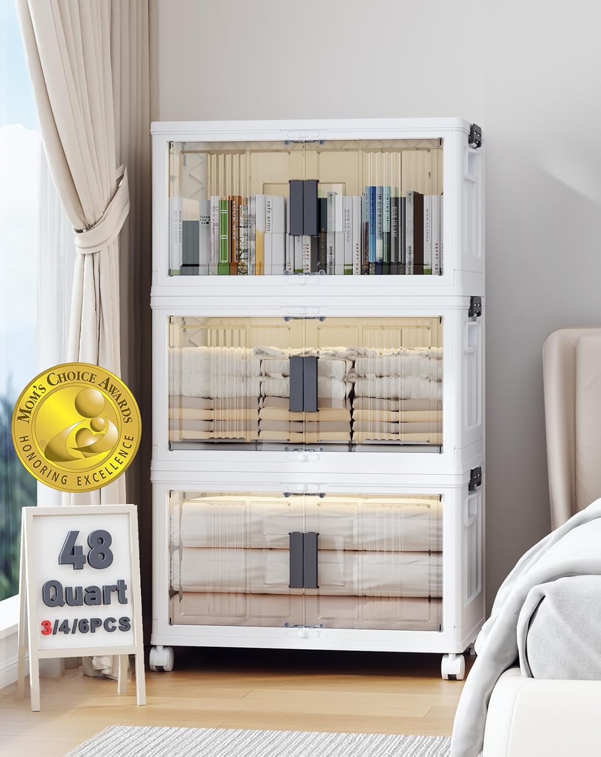 OlarHike 144QT Lockable Storage Bins with Lids - Folding Storage box with Doors and Wheels, Collapsible Plastic Storage Bins for Closets, Stackable Storage Organizer, Storage Containers, 3 Pack Cubes