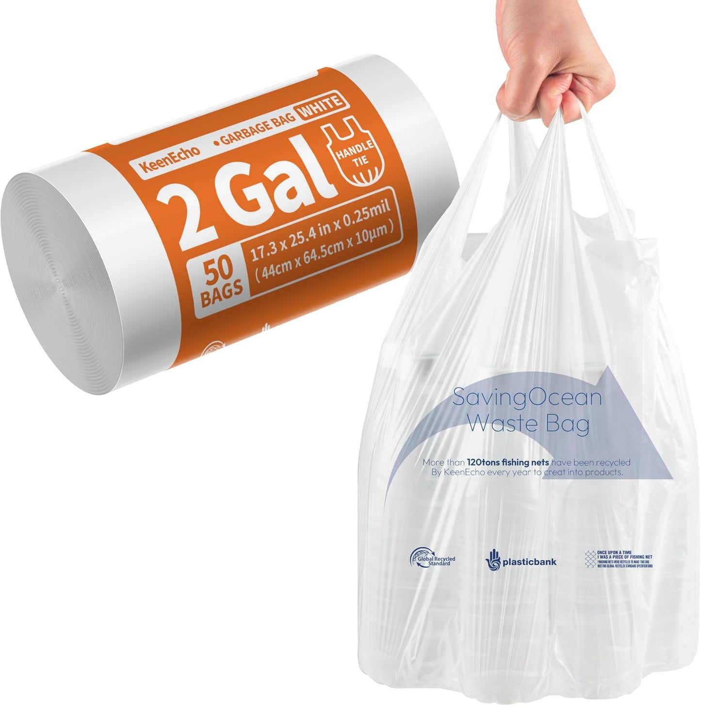 Small Trash Bags with Handles 2 Gallon 50 Count White - Ocean Plastic Upcycling - Plastic Garbage Bags, Can Bin & Waste Basket Liner for Kitchen, Bathroom, Office and Pets