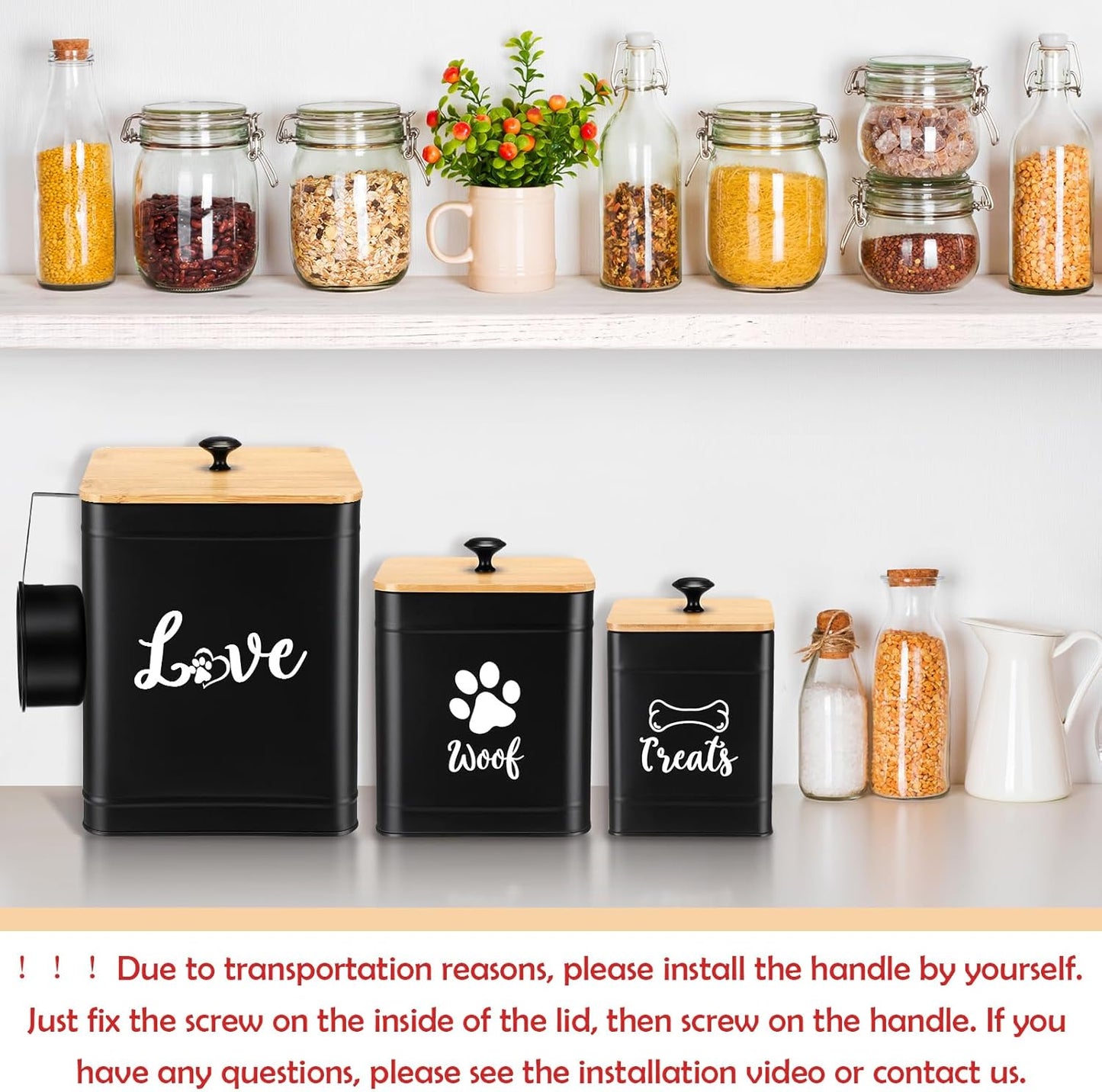 Metal Dog Treat Containers Set of 3 with Bamboo Lids and Spoon Airtight 7+3+2 lbs Dog Food Snack Jars with DIY Labels Big Pet Cookie Storage Jar for Kitchen Counter(Black,Classic)