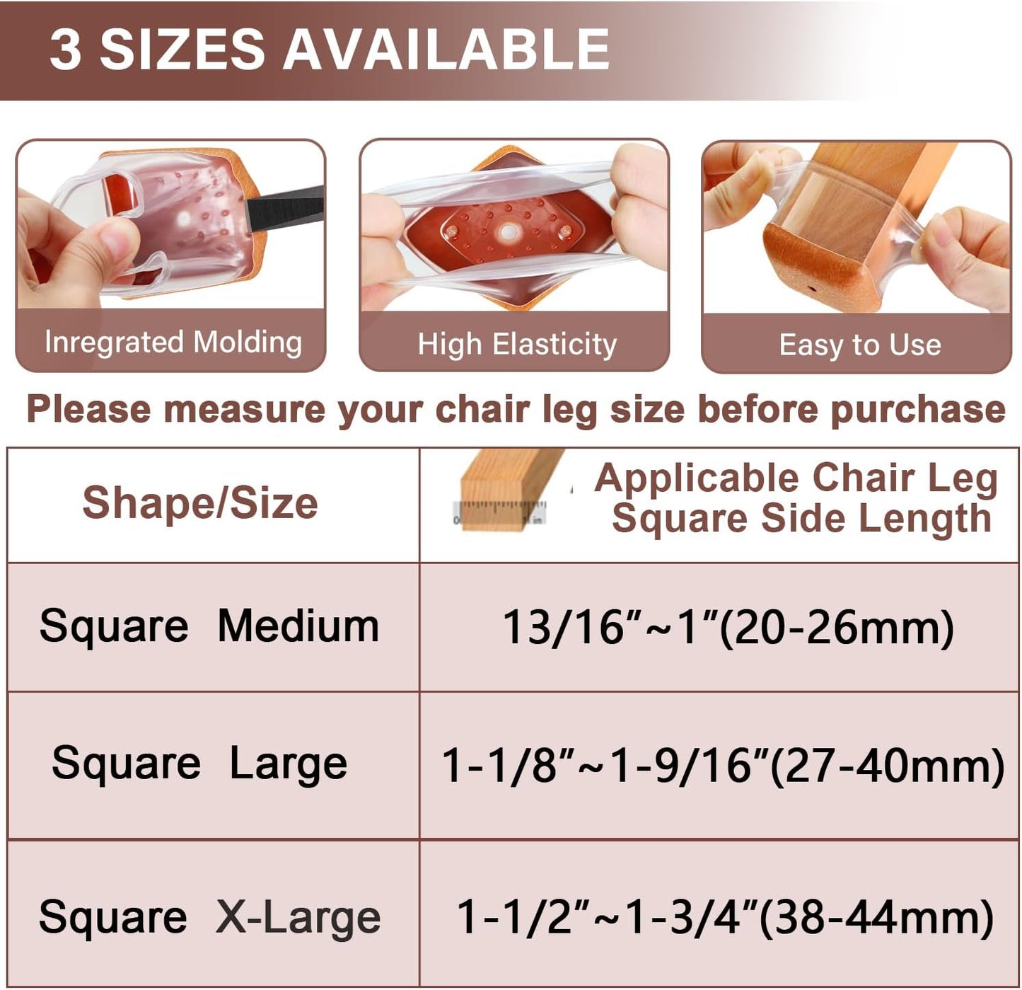 Chair Leg Floor Protectors Square Chair Leg Protectors for Hardwood Floors Silicone Caps Felt Strengthen Bottom Protection Anti-Scratch Reduce Noise 16 Pack Clear Square M Fit:13/16" to 1" (20-26mm)