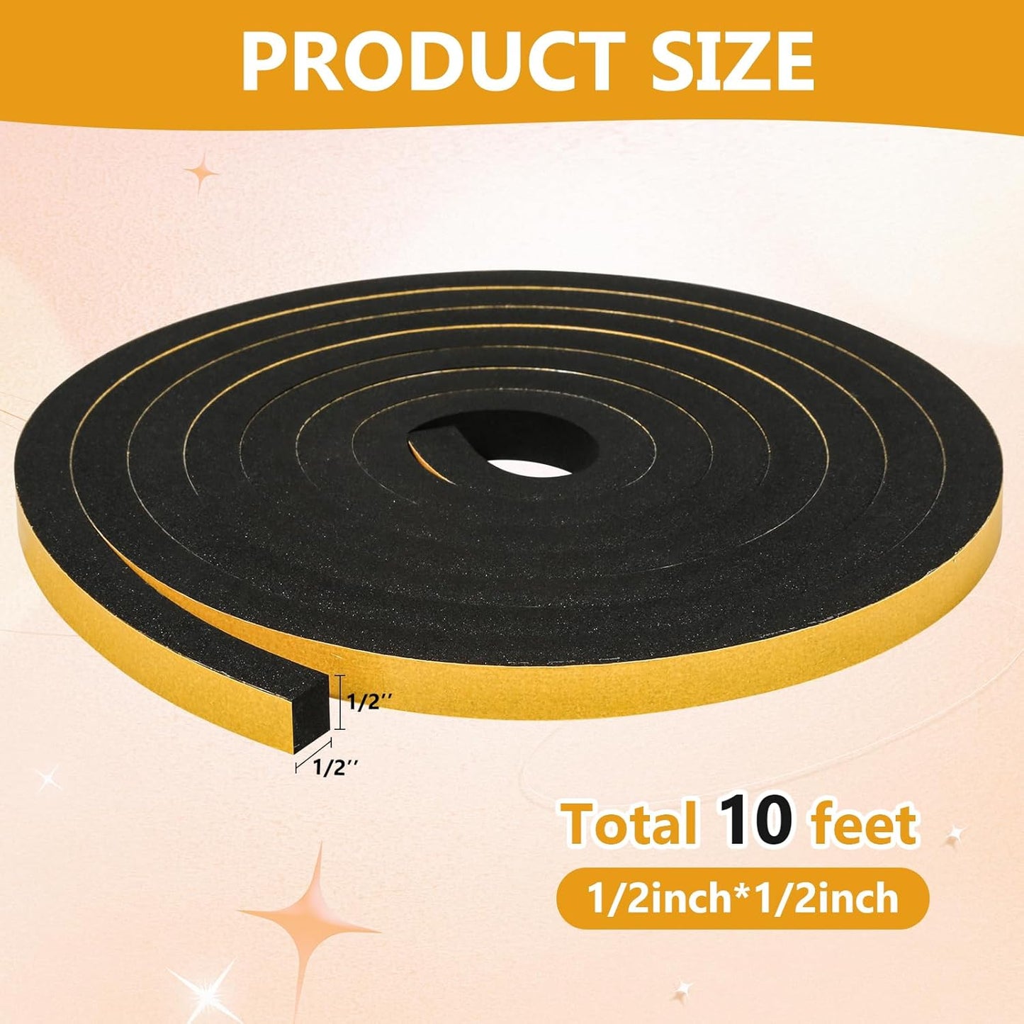 Weather Stripping Seal for Door Window, High Density Foam Tape, Soundproofing, Insulation Strip, Door Sealers for Door Frame (Black, 1/2 Inch X 1/2 Inch X 10Feet)