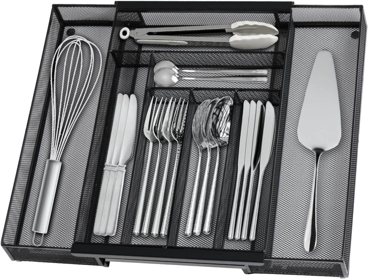 Silverware Organizer Metal Mesh, Large Drawer Organizer, Utensil Cutlery Tray for kitchen drawers, Expandable Flatware Organizer with 8 Compartment Black 11.6"~20" x 17.3"