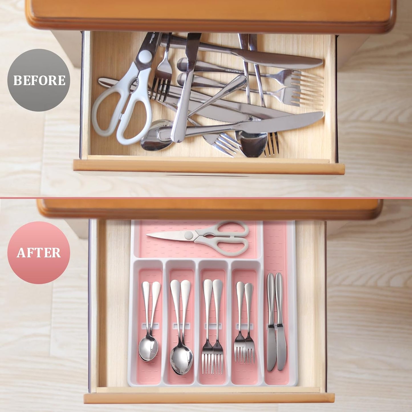 Silverware Organizer with Cutlery Icons，Pink Kitchen Silverware Tray for Drawer，Plastic Flatware Tableware Cultery Drawer Organizer Utensil Organizer with Non-slip TPR Linings，6-Compartment，Pink