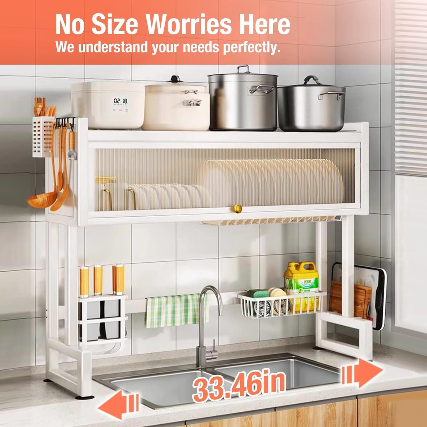 Milkshake White 3 Tier Over Sink Dish Rack Drainer with Cover - Space-Saving Organized Drying Rack for Dishes, Glasses, Bowls, Cutlery