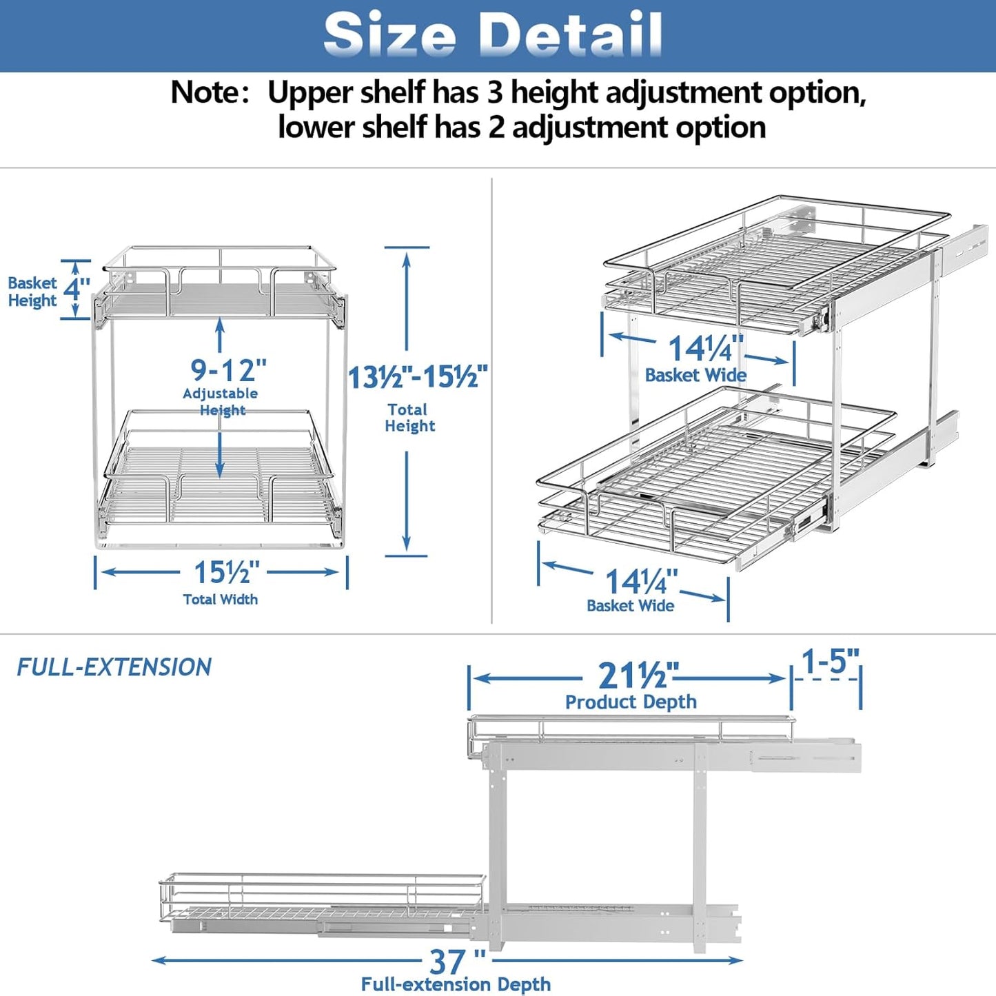 LOVMOR 2 Tier Individual Pull Out Cabinet Organizer 15½" W x 21½" D, Slide Out Kitchen Cabinet Storage Sliding Shelves