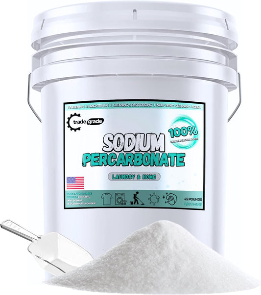 TradeGrade Sodium Percarbonate Powder – Eco-Friendly Non-Toxic Oxygen Bleach for Laundry, Home & Outdoor Cleaning – Biodegradable, Scent-Free, Multi-Purpose Cleaner in Resealable Bucket (45 Pounds)