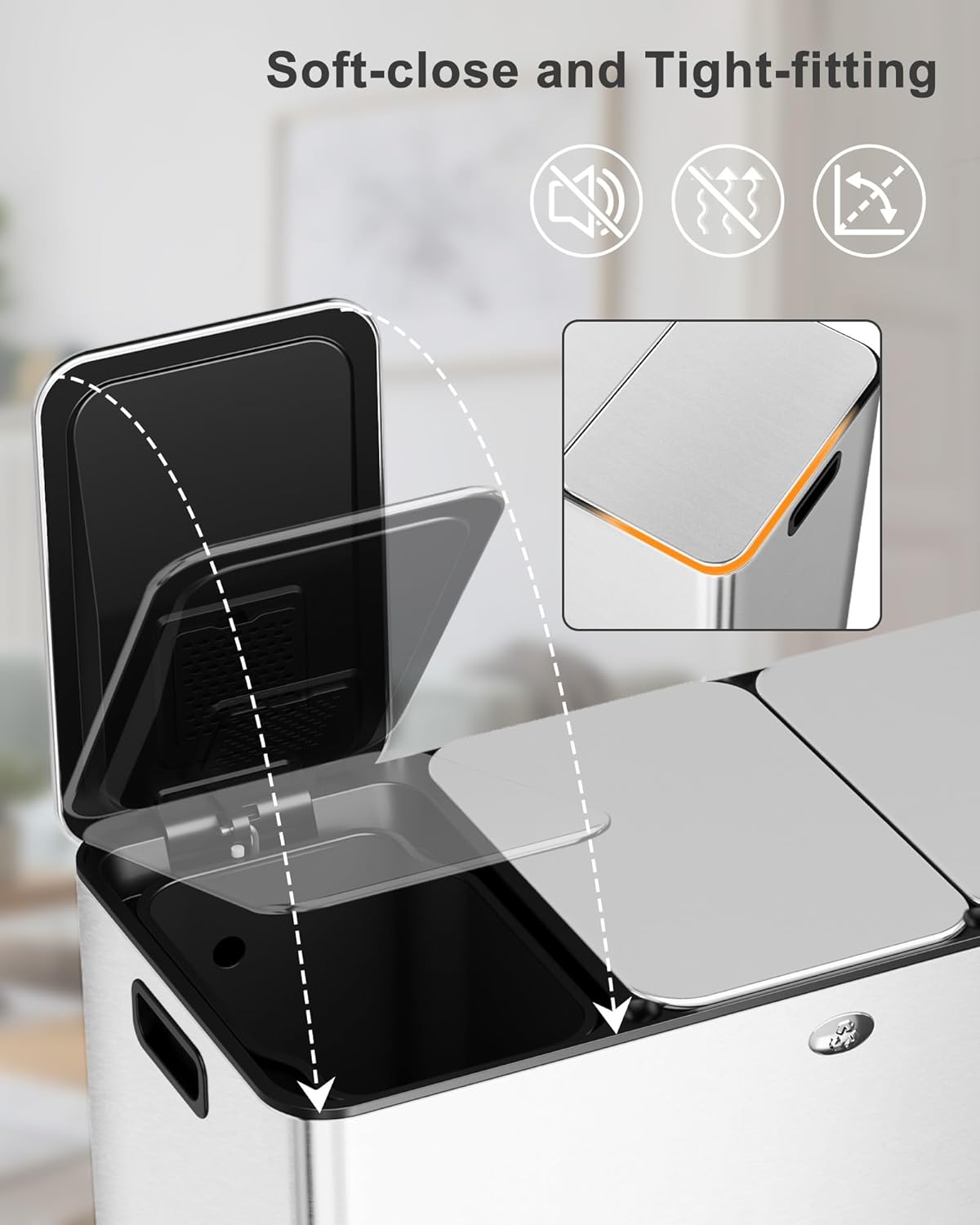 3 x 7.9 Gal (3 x 30L) Trash Can, Stainless Steel Triple Compartment Step-On Recycling Bin with Soft-Close Lids & Removable Plastic Inner Buckets for Kitchen, Home, Office