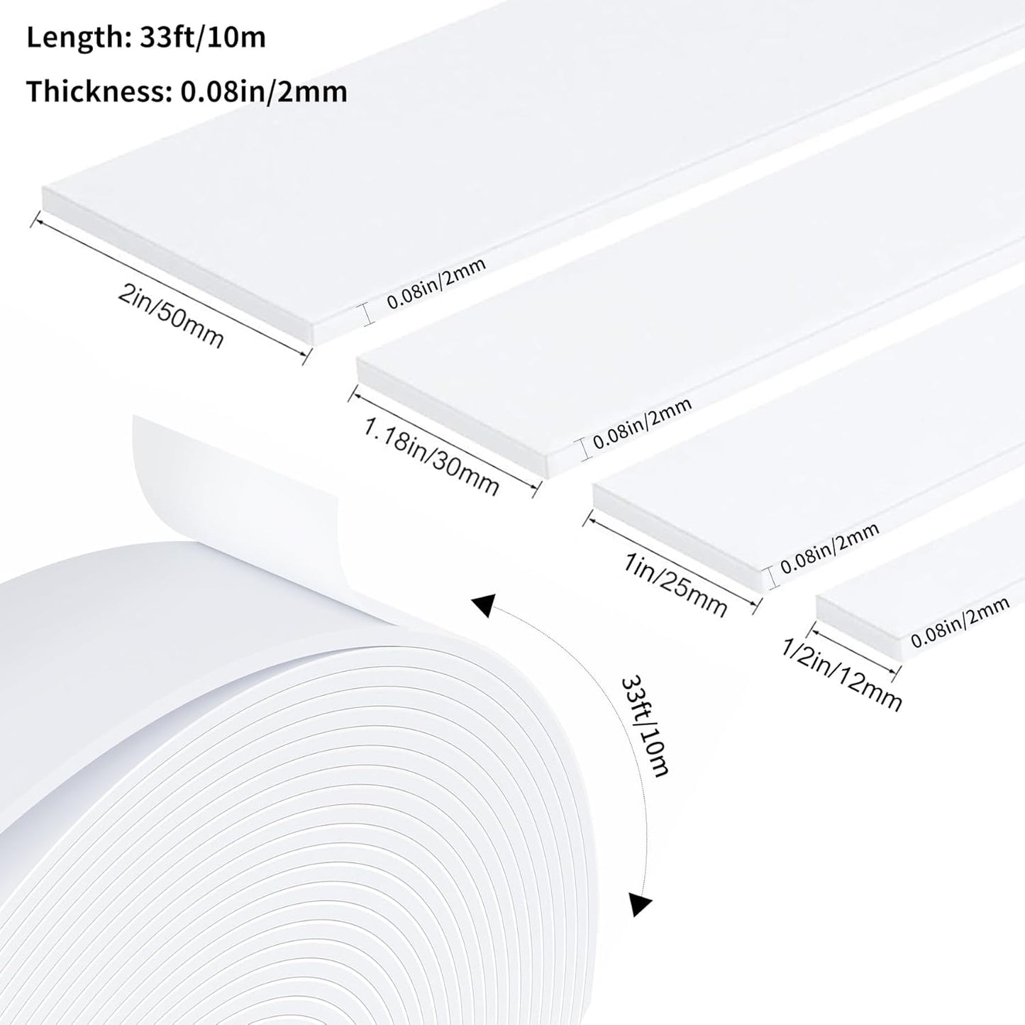 Weather Stripping Door Seal White,Self Adhesive Foam Tape High Density Foam Sealing Strip,Air Conditioner Window Seal,Soundproof Foam Tape Roll(1/2" W X 1/13" T X 33' L)