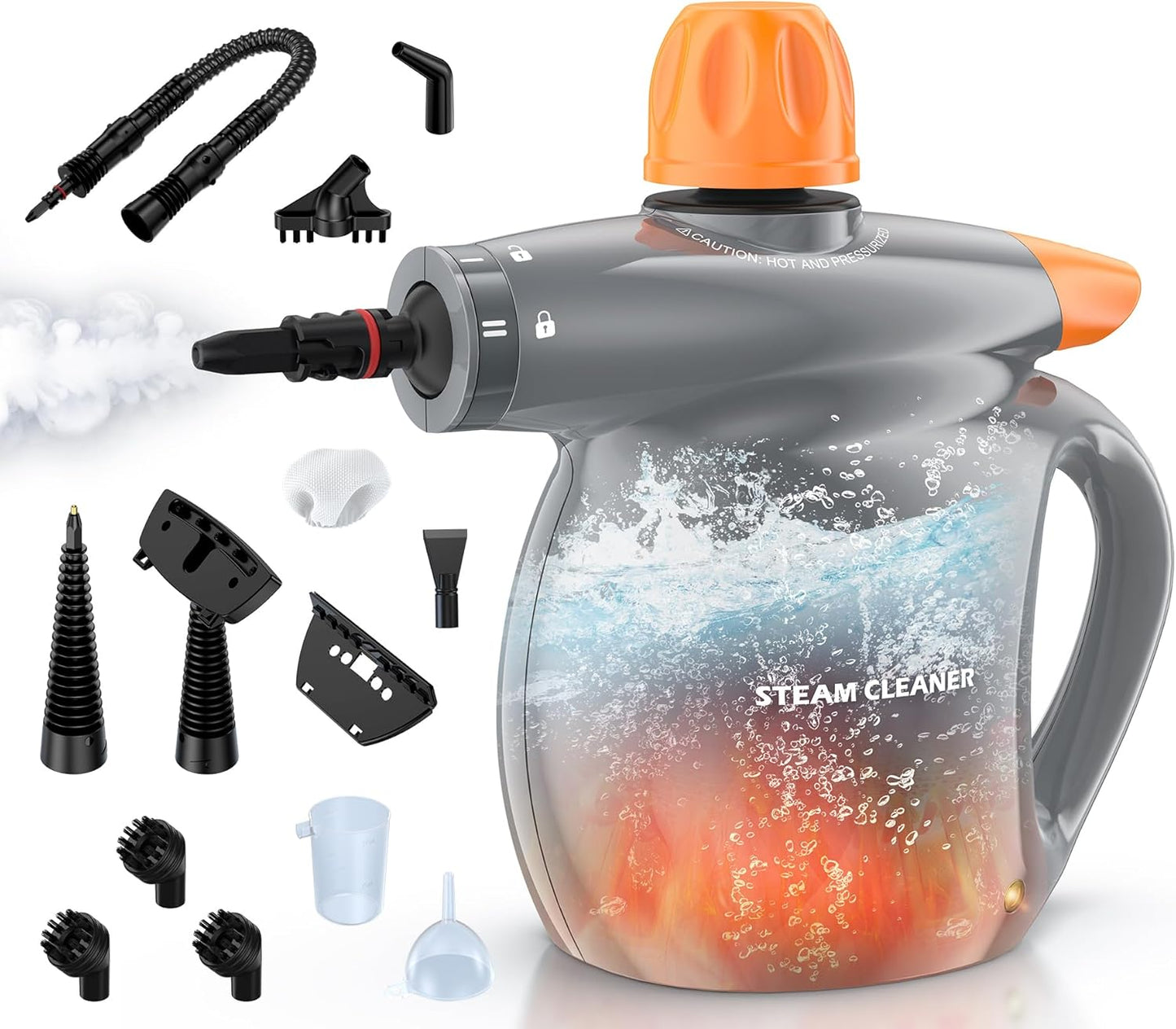 LABIGO Steam Cleaner, Pressurized Handheld 13pcs Multi-Purpose Natural Deep Cleaning Steamer, Portable Steamer for Cleaning Home, Grout, Kitchen, Car, Window, Upholstery, Bathroom and Clothes, Gray