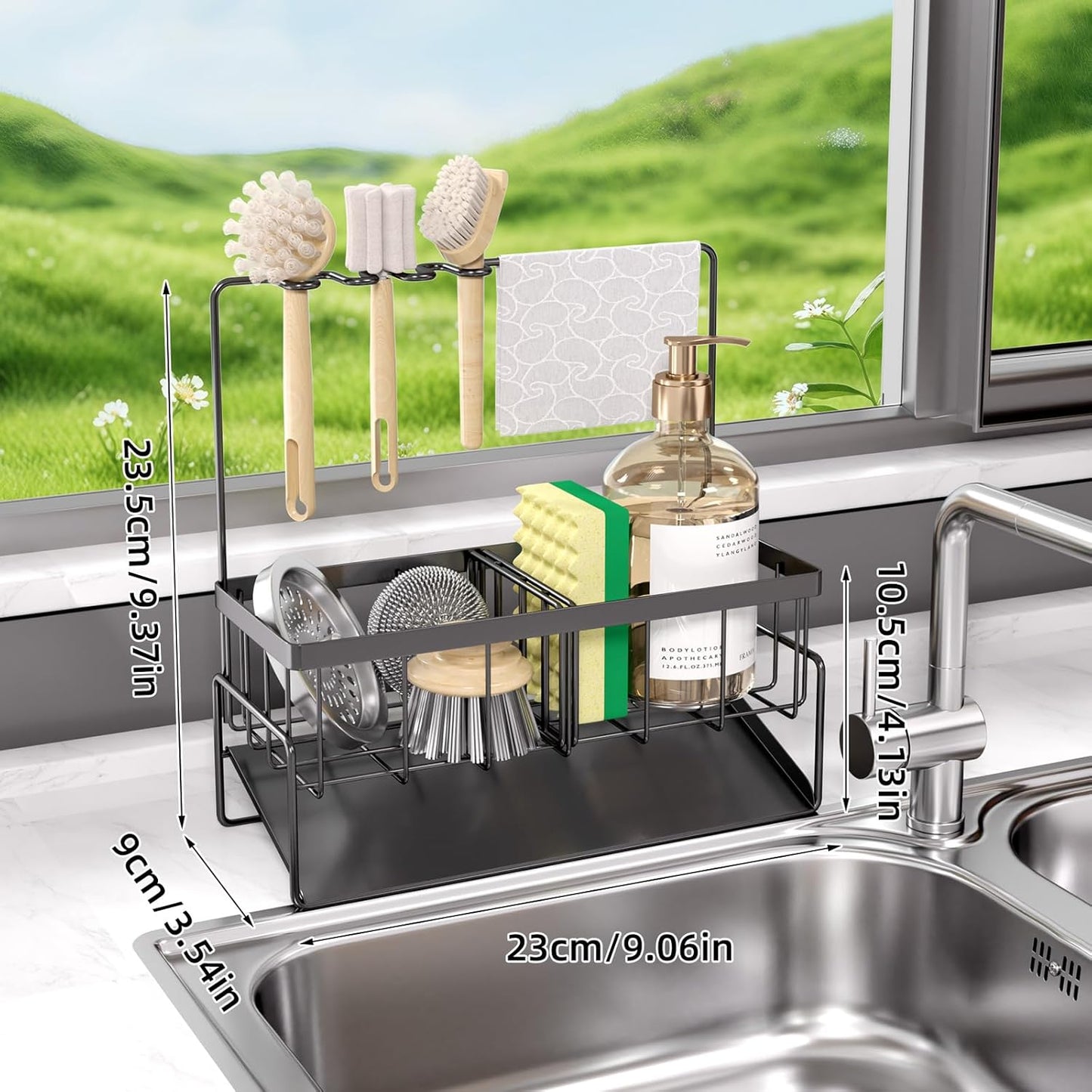 NET MEYA Sponge Holder for Kitchen Sink,Stainless Steel Sink Caddy With Brush Holder and Dishcloth Holder,Sink Oragnizer Kitchen Countertop Dish Soap Dispenser Set,Multifunctional Sink Organizer Caddy