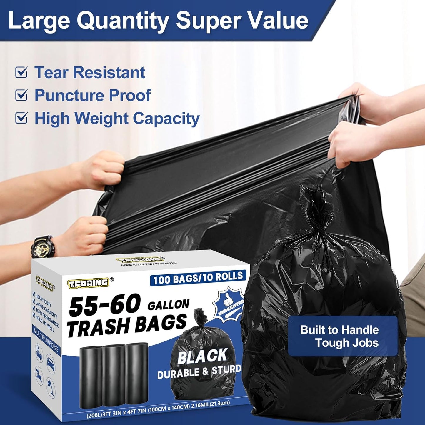 55-60 Gallon Trash Bags Heavy Duty 2.1 Mil - 39''x55'' 100 Count Extra Thick Black Garbage Bags Unscented Strong Huge Can Liners for Construction Industrial Yard Outdoor Commercial