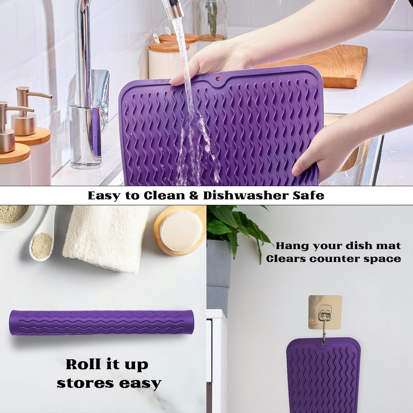 ZLR Silicone Dish Drying Mat for Kitchen Counter, Eco-Friendly Fast Dry Dish Mat, Easy Clean Multi Usage Drying Matt, Heat Resistant Trivet, 12" x 12" Middle, Meadow Violet