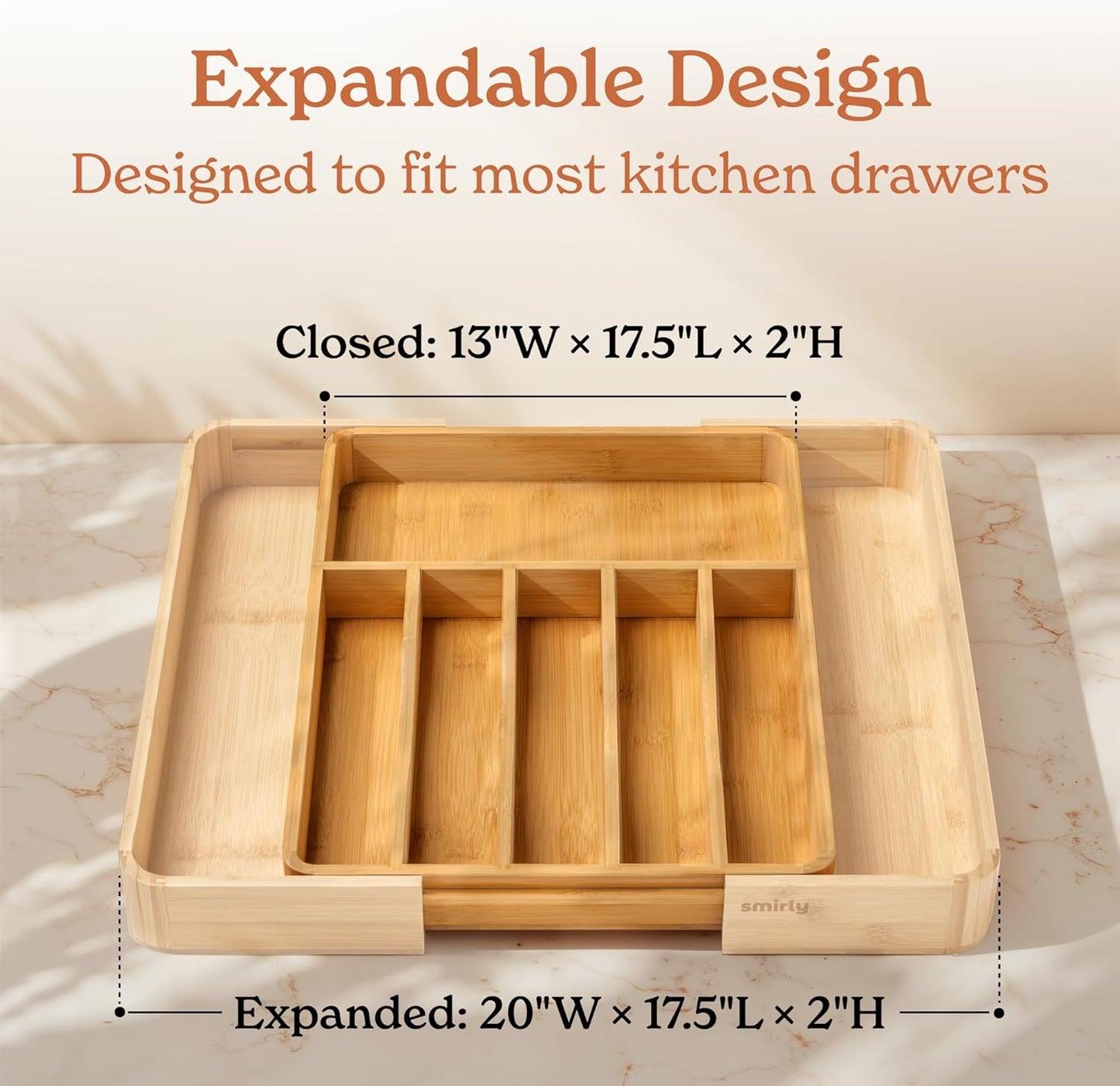 SMIRLY Silverware Drawer Organizer – Bamboo Kitchen Drawer Organizer, Adjustable Utensil Holder and Cutlery Tray, Drawer Dividers for Flatware and Kitchen Utensils